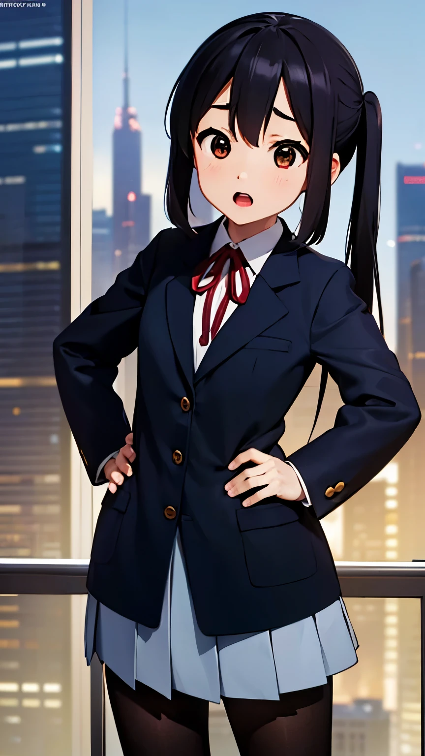 1girl, (((masterpiece))), top-quality, top-quality, High Details, nakano azusa, 1girl, Sakuragaoka High School Uniform,student clothes, Twin-tailed, length hair, A dark-haired, brown-eyed, 独奏, reddish, Dark blue blazer with thin red ribbon, Solid white buttoned shirt under blazer, illustratio, comic strip, soothing tones, Subdued Color, Soft cinematic light, adobe lightroom, photolab, HDR, intricately and hyper-detailed、(((depth of fields))))。(((masterpiece)))。(((top-quality))).)((ultra-detailliert)))。(((illustratio)))。(((takeout))).dynamic focus.small breasts.(((Skyscrapers))).(((A city scape))).(((Face of sadness))). open mouth.(((put hands on the hip))).(((up chest))).