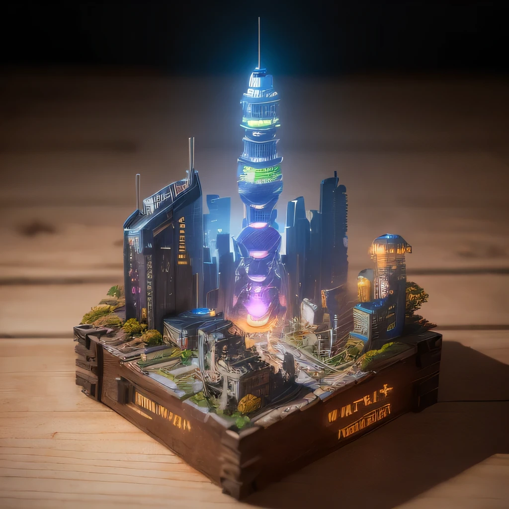 small realistic model, (bifurcation, original photo, best quality, masterpiece:1.4),Steampunk Cyberpunk 1820 City,(Cyberpunk light:1.3), Mards,horizon (related to land),(in a small nature box:1.3),Isometric, small nature, landscape on foundation,landscape,