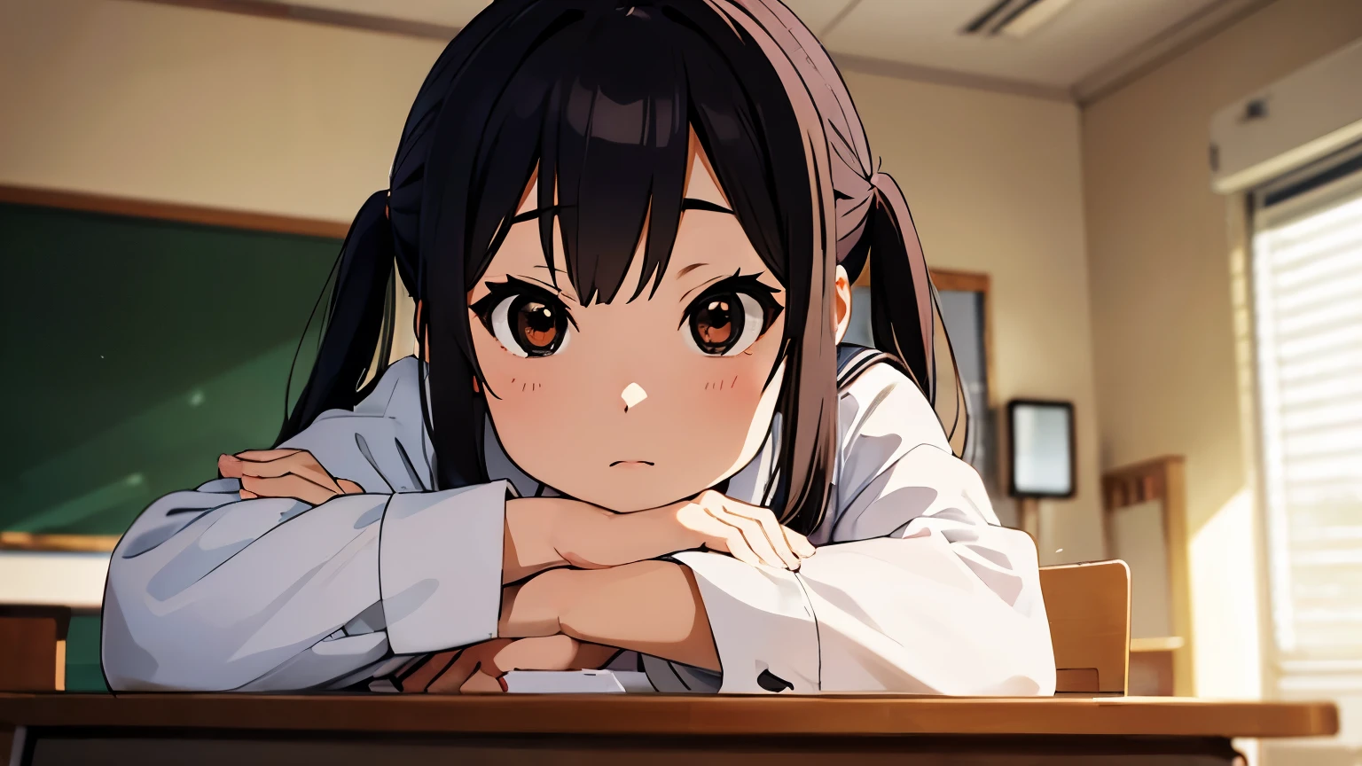 azusanakano, azusa nakano, cat ear, black hair, (brown eyes:1.5), long hair, twintails,
BREAK sakuragaoka high school uniform, school uniform, uniform, blazer, shirt, white shirt, collared shirt, skirt, pleated skirt,
BREAK indoors, classroom,
BREAK looking at viewer, (cowboy shot:1.5),
BREAK (masterpiece:1.2), best quality, high resolution, unity 8k wallpaper, (illustration:0.8), (beautiful detailed eyes:1.6), extremely detailed face, perfect lighting, extremely detailed CG, (perfect hands, perfect anatomy),