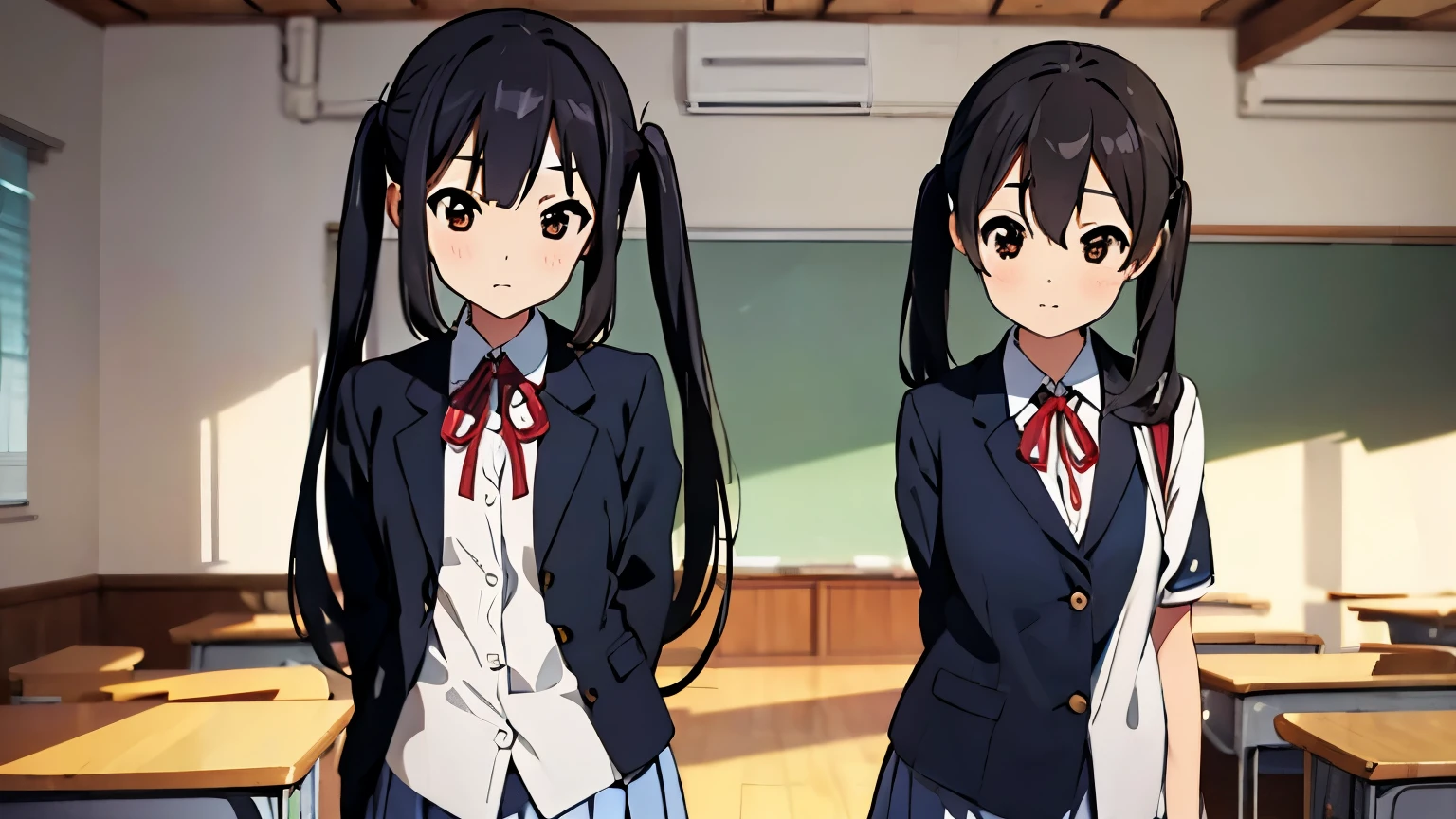 azusanakano, azusa nakano, cat ear, black hair, (brown eyes:1.5), long hair, twintails,
BREAK sakuragaoka high school uniform, school uniform, uniform, blazer, shirt, white shirt, collared shirt, skirt, pleated skirt,
BREAK indoors, classroom,
BREAK looking at viewer, (cowboy shot:1.5),
BREAK (masterpiece:1.2), best quality, high resolution, unity 8k wallpaper, (illustration:0.8), (beautiful detailed eyes:1.6), extremely detailed face, perfect lighting, extremely detailed CG, (perfect hands, perfect anatomy),