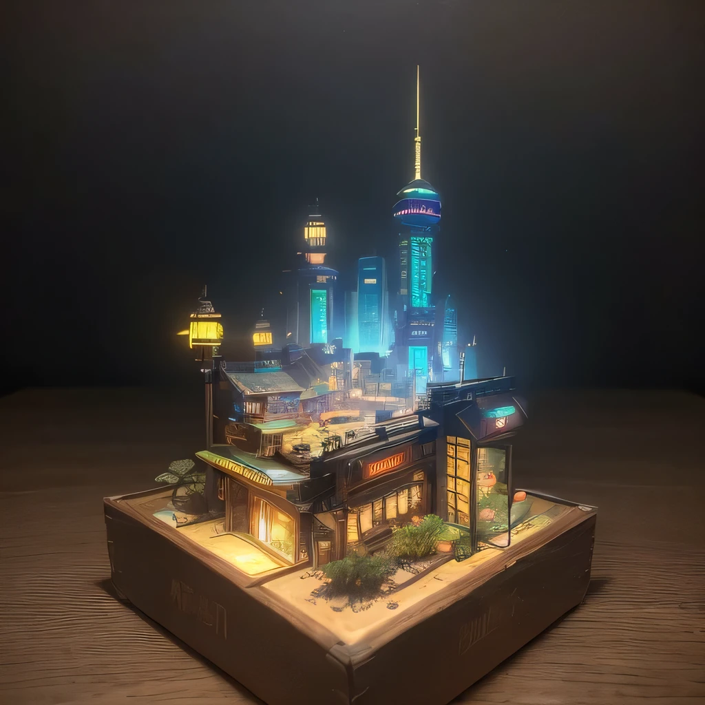 small realistic model, (bifurcation, original photo, best quality, masterpiece:1.4),Steampunk Cyberpunk 1820 City,(Cyberpunk light:1.3), Mards,horizon (related to land),(in a small nature box:1.3),Isometric, small nature, landscape on foundation,landscape,