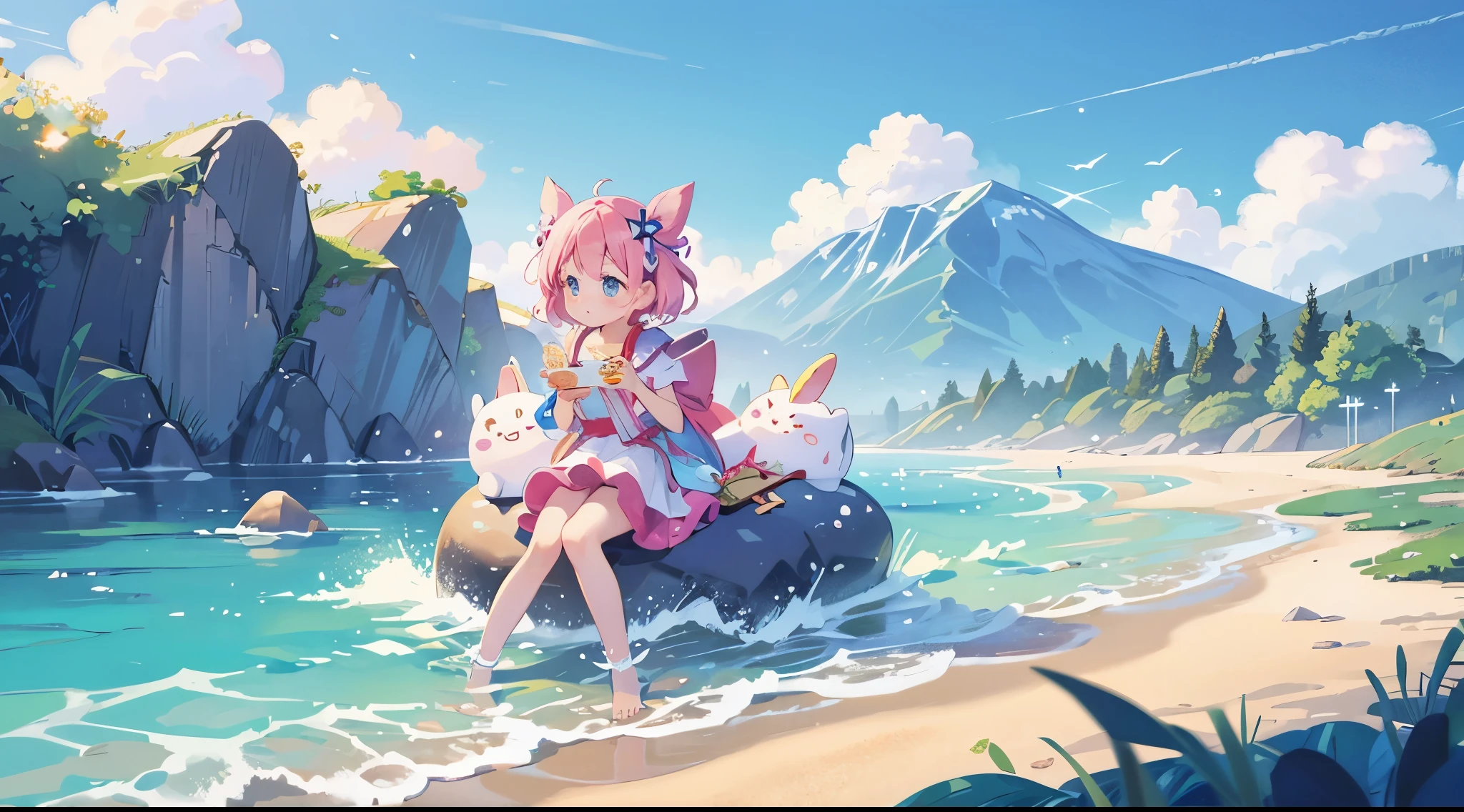 photoRealstic、Illustration of a girl on the beach,She is a magical girl、however、Magic can fail