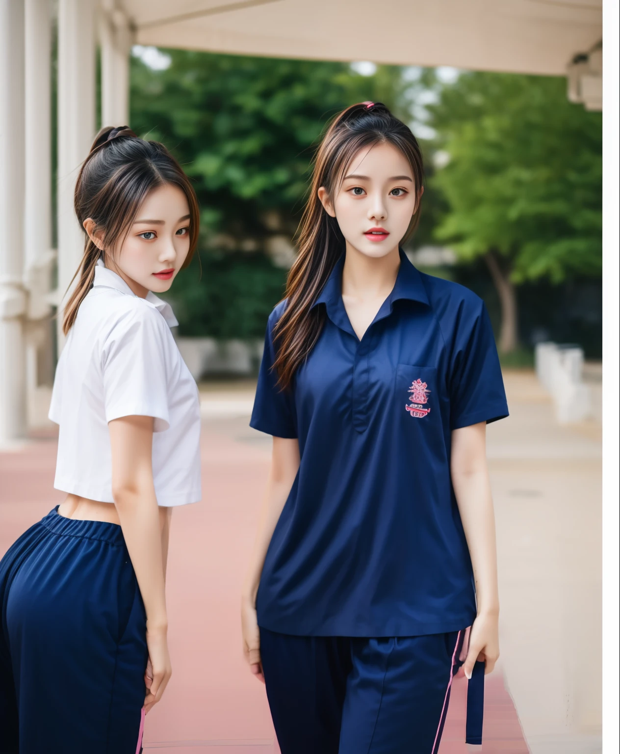 3 girls in fitness center, Navy blue short-sleeved shirt,Navy Long Trackpant,Sweatpants, Sweatpantsขายาว,25 year old girl, lesbian, sexy, exercise clothes, wet body, exercise clothes