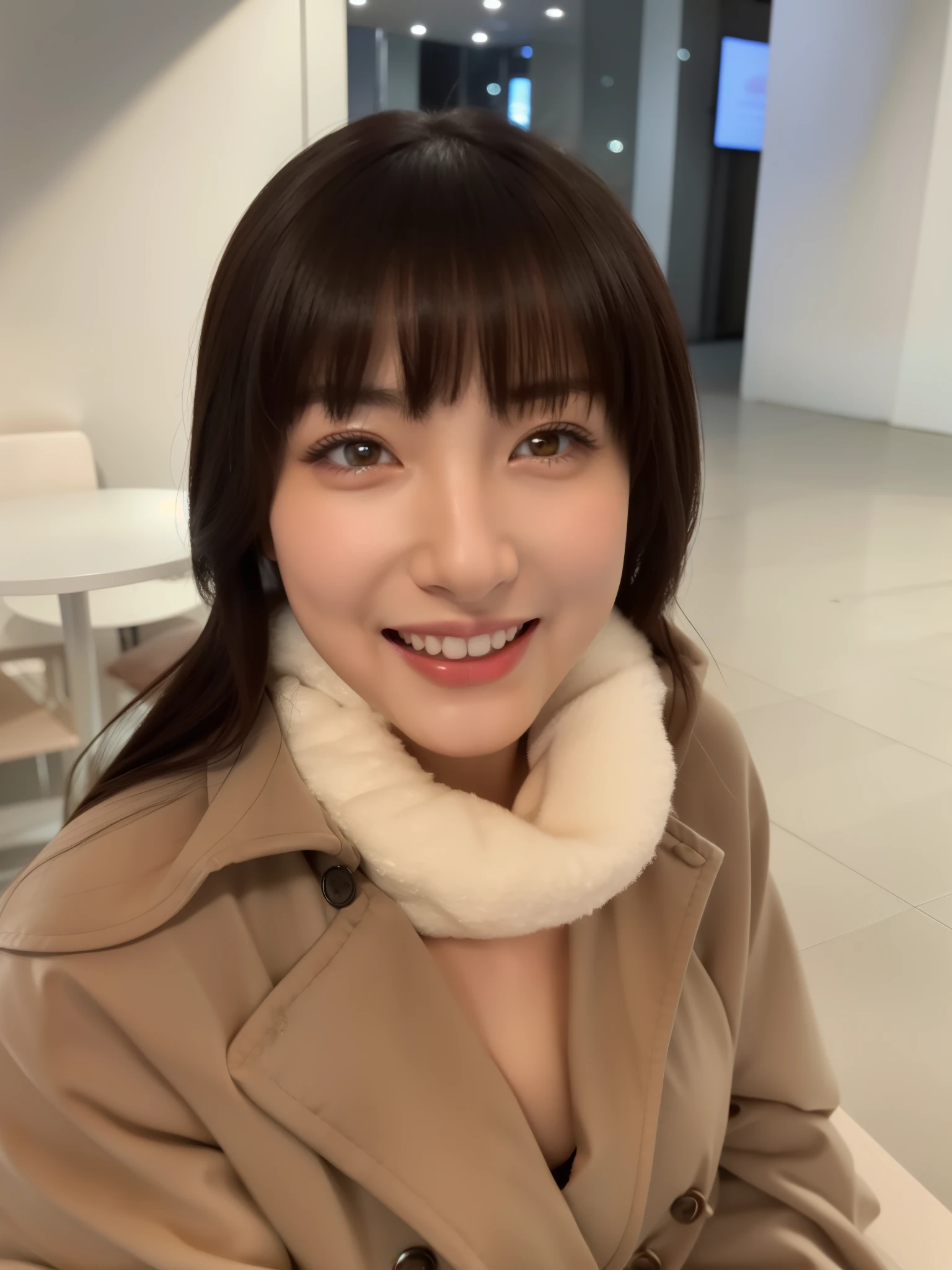 table top, High resolution, highest quality, very detailed, yellow eyes,  Beautiful woman、 cleavage:1.2、big and full breasts, I can see your shoulders、oversized clothing、realistic、picture、Super high quality、Detailed description、43 years old、japanese woman、laughter:1.3、