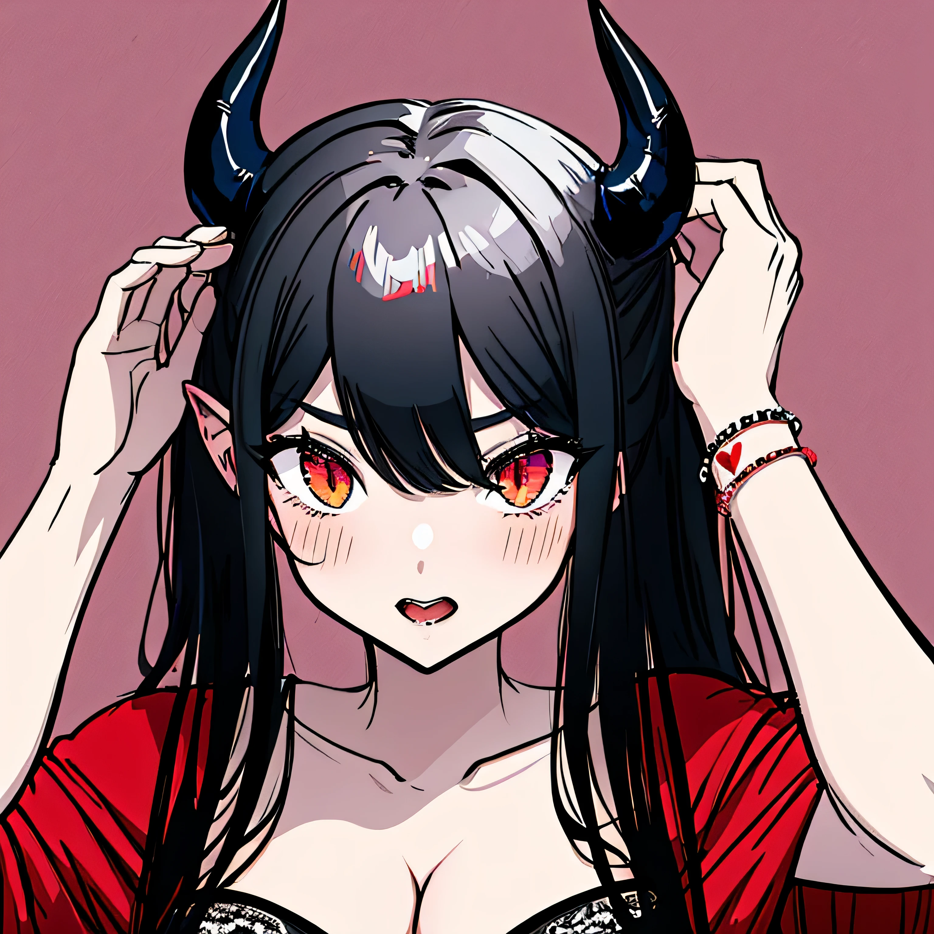 make a portrait of a sexy devil horned girl in black underwear, make her so sexy and horny that guys get a heartattackt, ed eyes