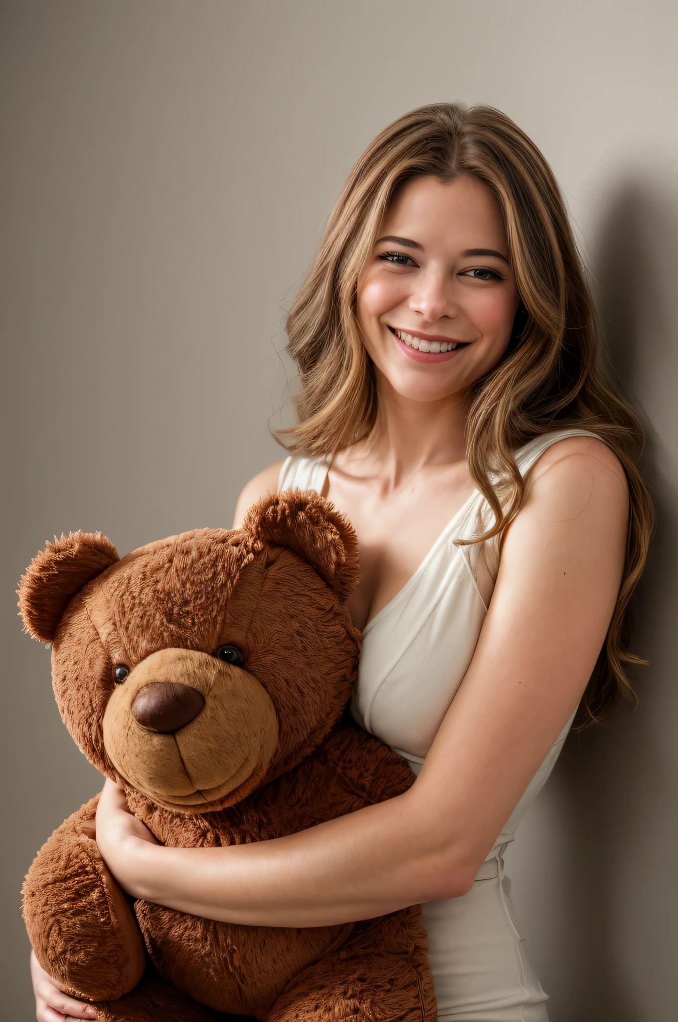 obra de arte, impressionante foto de retrato em close de pytn, sorridente,  (hugging a teddy bear:1.15), Sozinho   