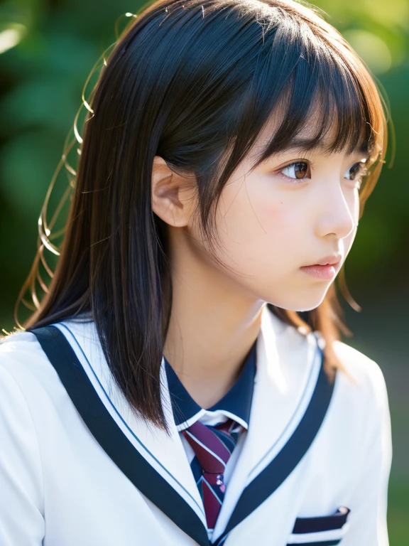 1 girl, Solo, japanaese girl, 12 years old, (Best Quality, Photorealistic, High resolution, 8K, Ultra-detailed, Detailed face, Shiny skin), Japanese school uniform, Collared shirt, White shirt, Ribbon tie, Black hair, choppy bangs, Ponytail,(huge breasts:1), , skirt,((RAW, analog style)), ((film grain, skin details, high detailed skin texture, 8k hdr, dslr)),best quality