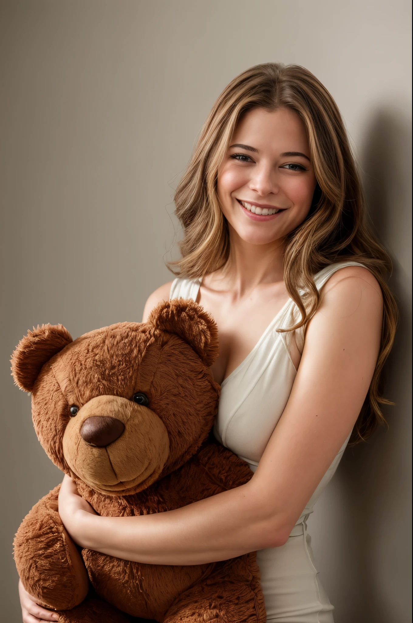 obra de arte, impressionante foto de retrato em close de pytn, sorridente,  (hugging a teddy bear:1.15), Sozinho   