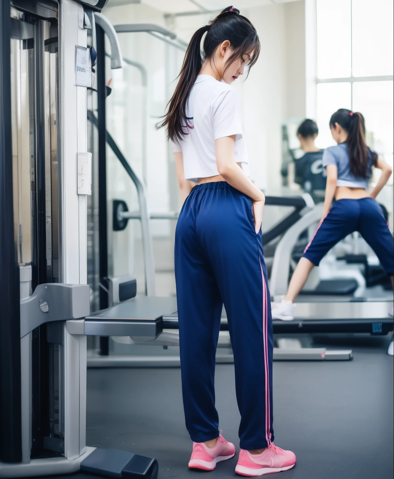 3 girls in fitness center, Navy blue short-sleeved shirt,Navy Long Trackpant,Sweatpants, Sweatpantsขายาว,25 year old girl, lesbian, sexy, exercise clothes, wet body, exercise clothes