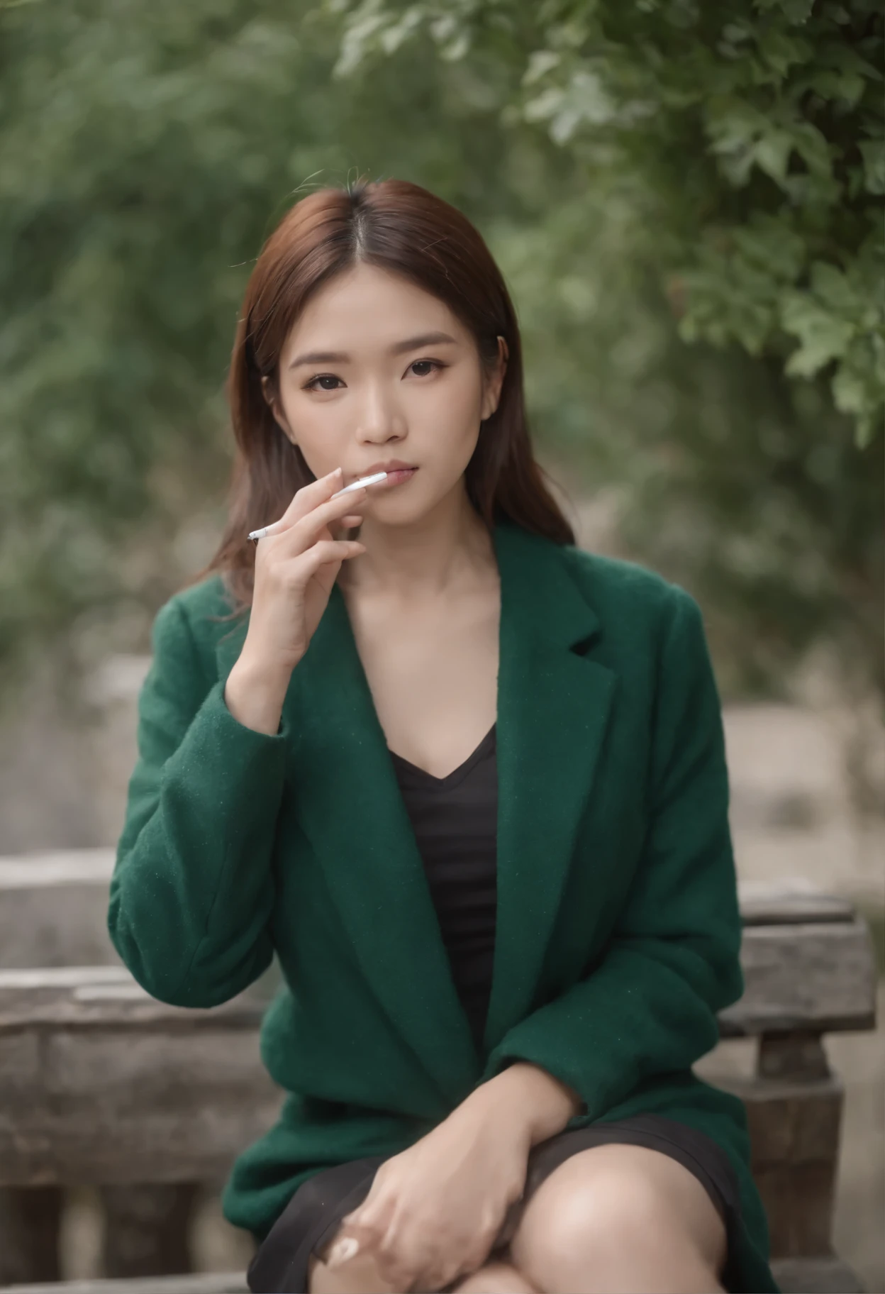 arafed woman sitting on the bench with a cigarette in her mouth, casual pose, Chiho, shot at Canon 50mm f/1.2, japanese model, kimi takemura, sitting on the bench, wearing casual clothes, sitting on the bench, a young asian woman, attractive girl, asian young girl, young asian woman, sit casually,holding a cigarette in his mouth,Green coat,Black knitted shirt,mini skirt,black boots