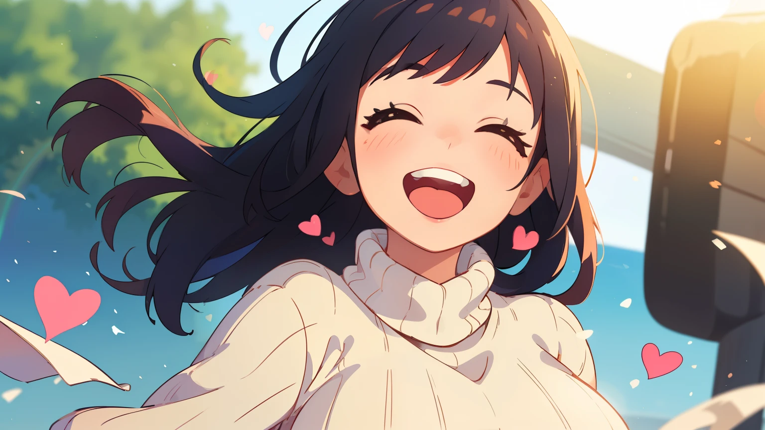 ((best quality)), ((masterpiece)), (detailed), perfect face, a girl, cosy sweater on, upper body, (huge Laughing:1.1), (open mouth:1.1), (wide open eyes:1.2), sun glare, bokeh, depth of field, blurry background, light particles, strong wind, (heart particles:1.1)