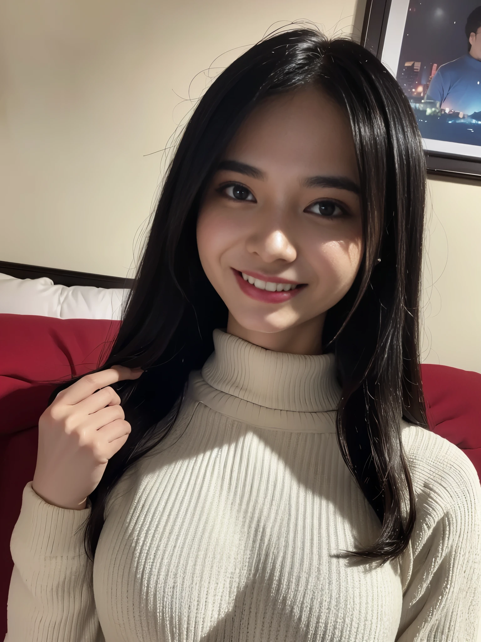 8K，best quality， master piece， three-dimensional sense，realism，Female college student，Sexy，looking at the viewer，Chinese face，delicate features， with short black hair，messy hair，smile， face turns red， White skin on red background，beautiful feet，Medium height，in good shape，off shoulder sweater，extra long sweater，medium breasts，Sweating，everyone knelt on the bed，in the bedroom，The background is real，with the whole body visible，Front shot，SLR photography，look at the audience