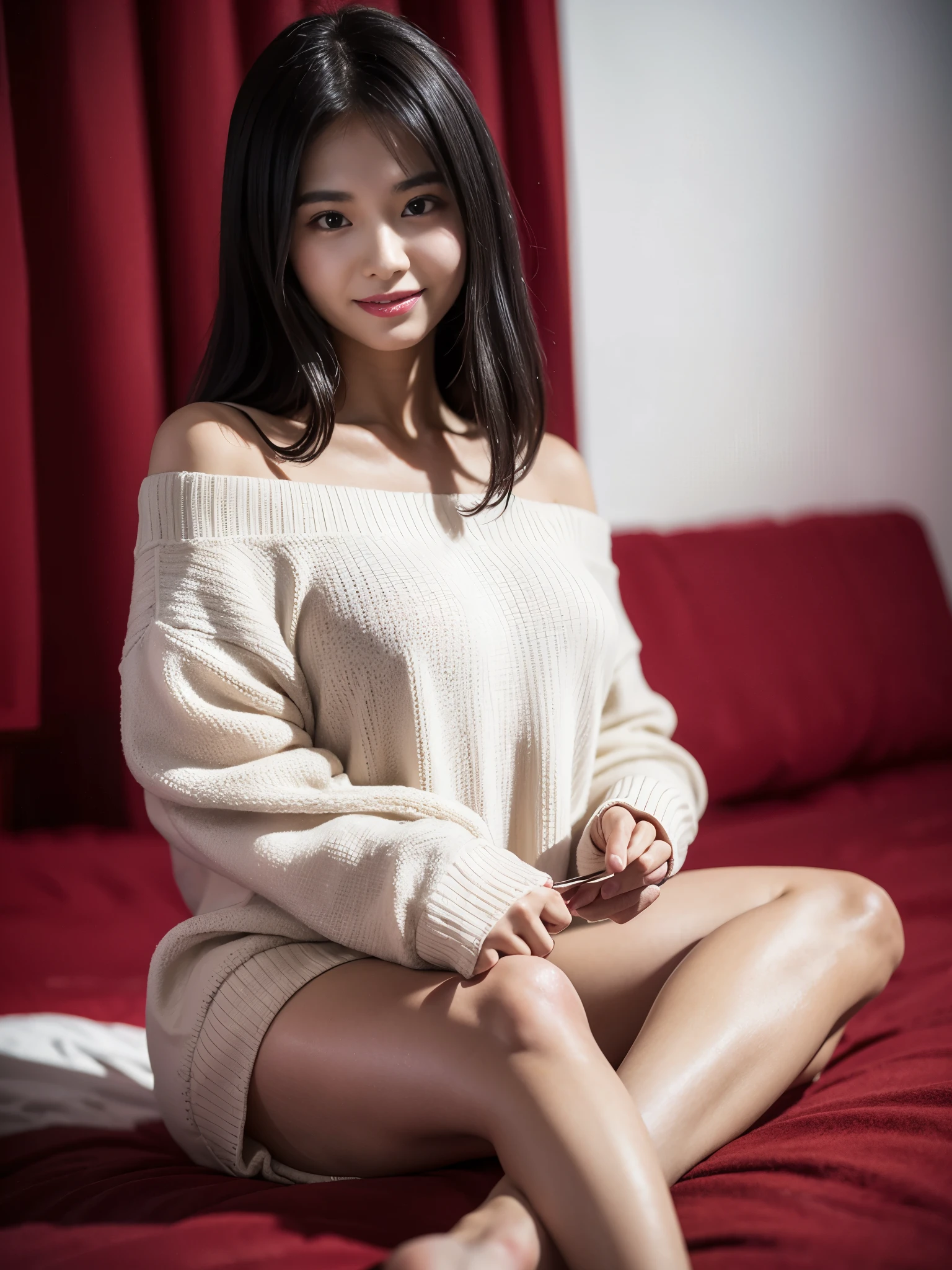 8K，best quality， master piece， three-dimensional sense，realism，Female college student，Sexy，looking at the viewer，Chinese face，delicate features， with short black hair，messy hair，smile， face turns red， White skin on red background，beautiful feet，Medium height，in good shape，off shoulder sweater，extra long sweater，medium breasts，Sweating，everyone knelt on the bed，in the bedroom，The background is real，with the whole body visible，Front shot，SLR photography，look at the audience