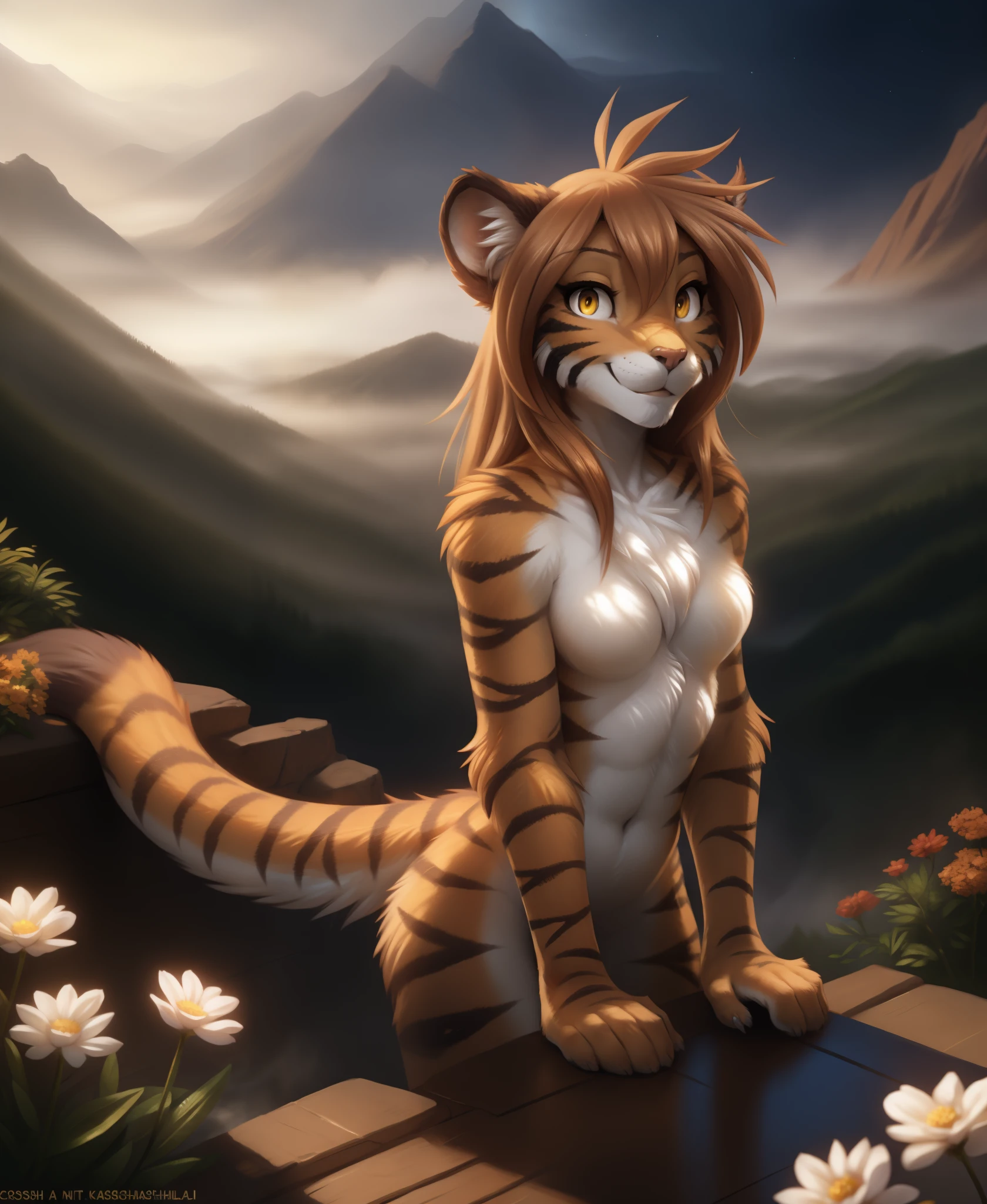 Flora Twokinds,1girl,animal ears,furry female,tiger tail,yellow eyes,tiger girl,solo,, orange fur,body fur, small breasts, white belly and chest area, black stripes,(Anime:1.3),Cartoon(,Masterpiece:1.4),8k,best quality,good hands Looking at viewer, posing,simple background,beautiful,correct anatomy, (by Tom Fischbach:1.3),, looking at viewer, best quality, shaded, extreme detail, highly detailed, long hair, smile, ultra detailed, intricate, beautiful eyes, detailed face, good anatomy, Perfect eyes, tail up, standing, hands, night, fog, flower, best quality, shaded, extreme detail, highly detailed, ultradetailed, intricate, realistic, detailed background, hi res, realistic, photography \(artwork\), (by kenket), by ross tran, by michael & inessa garmash, by pino daeni, by isvoc, by kiguri, by alena aenami, by ruan jia, (by zenthetiger, by wolfy-nail), by Enki Bilal, by drmax, photorealism, bright and rich colors, rendered by unreal engine, realistic, detailed background, hi res, realistic, photography \(artwork\), (by kenket), by ross tran, by michael & inessa garmash, by pino daeni, by isvoc, by kiguri, by alena aenami, by ruan jia, (by zenthetiger, by wolfy-nail), by Enki Bilal, by drmax, hioshiru, butt, looks at the camera, in mountains , galaxy-themed hunting, top angle view, 