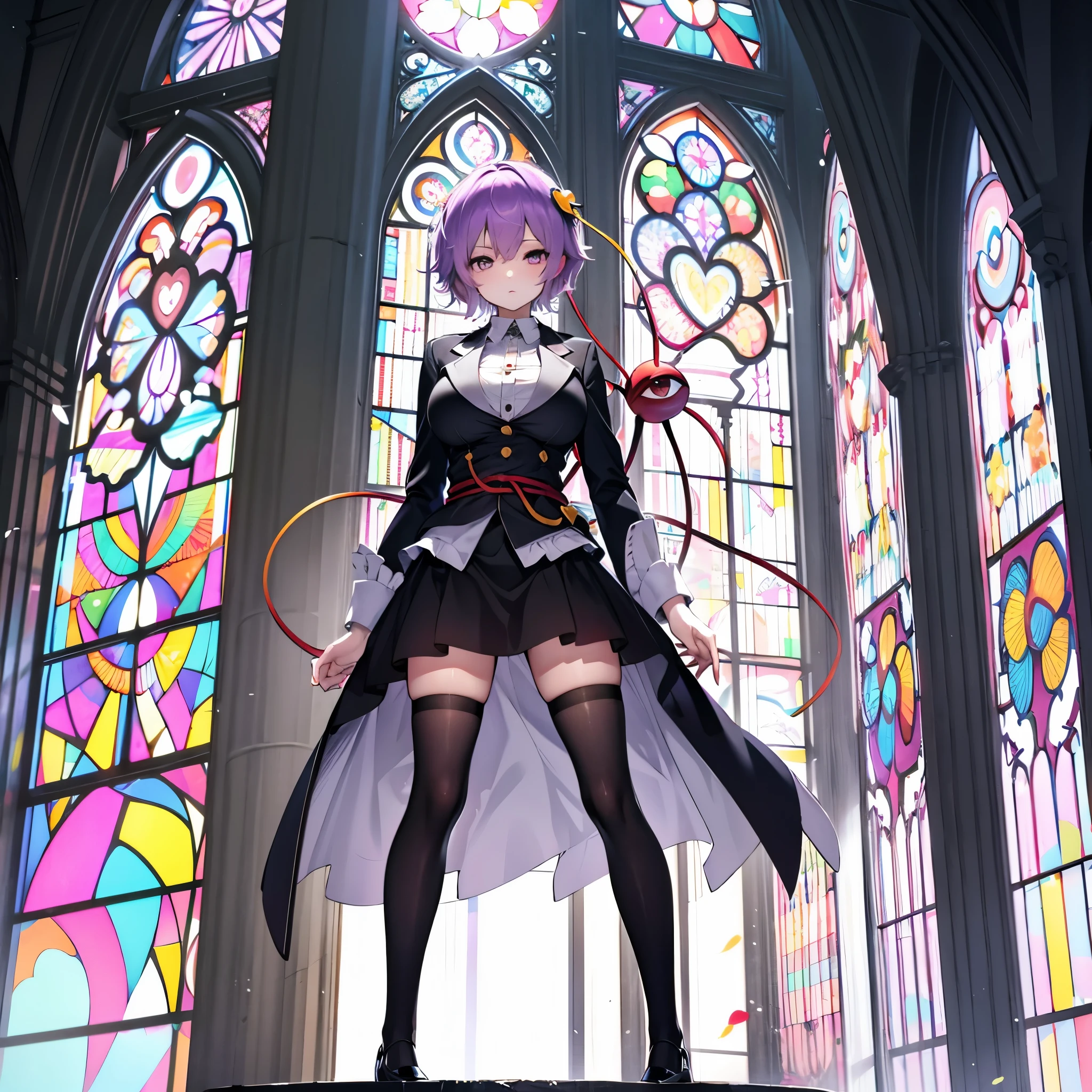 Satori toho character, (solo), standing, stained glass, BREAK, short hair, huge breasts, (inconceivably thin waist), very long legs, BREAK, (black blazer), (black thighhighs), black miniskirt, highheels, purple hart, medal of honor