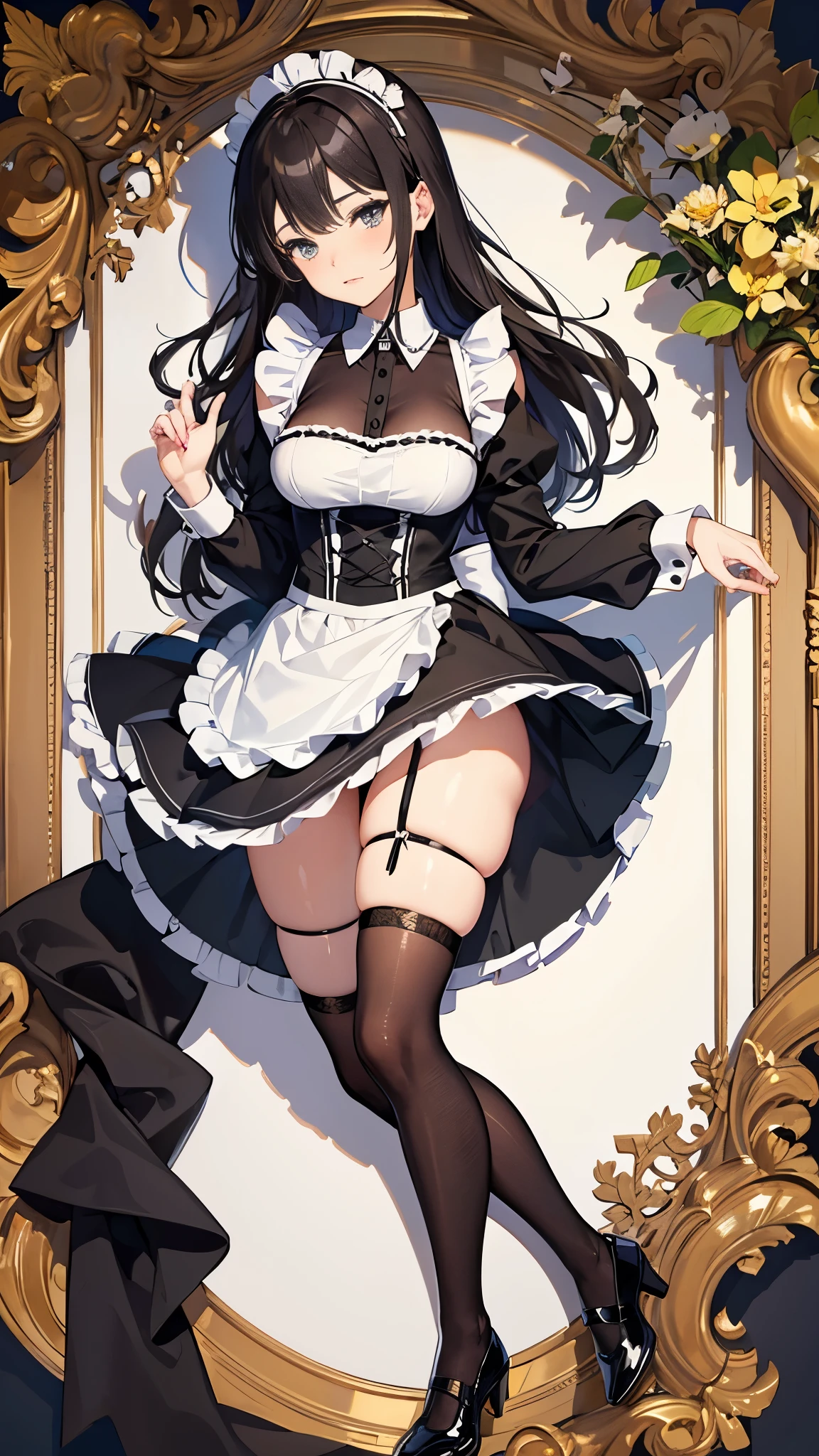 Beautiful girl,Wearing maid outfit,Detailed description of black thighs(Show the texture worn on the thighs)A bottom-up view while wearing shoes