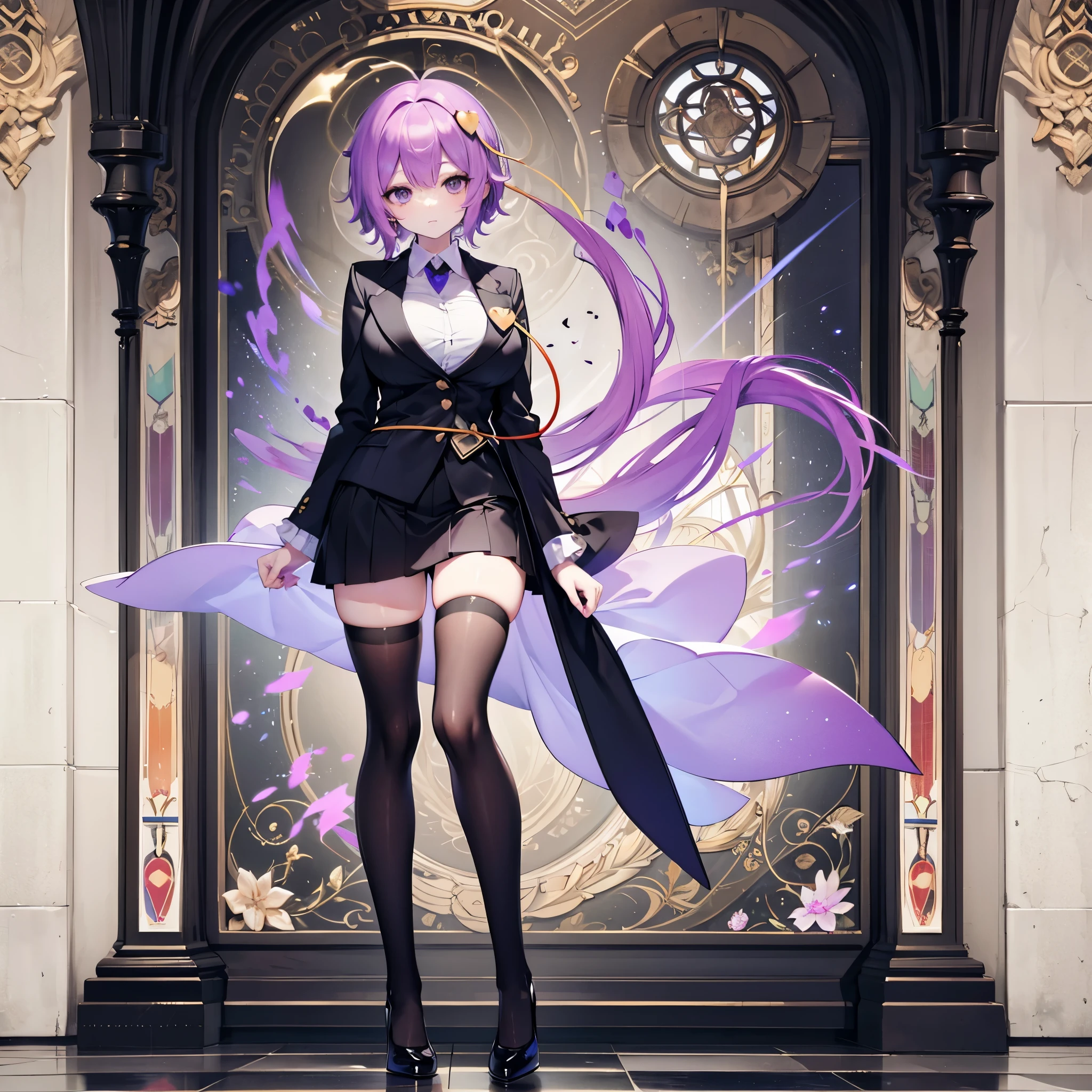 Satori toho character, (solo), standing, stained glass, BREAK, short hair, huge breasts, (inconceivably thin waist), very long legs, BREAK, (black blazer), (black thighhighs), black miniskirt, highheels, purple hart, medal of honor