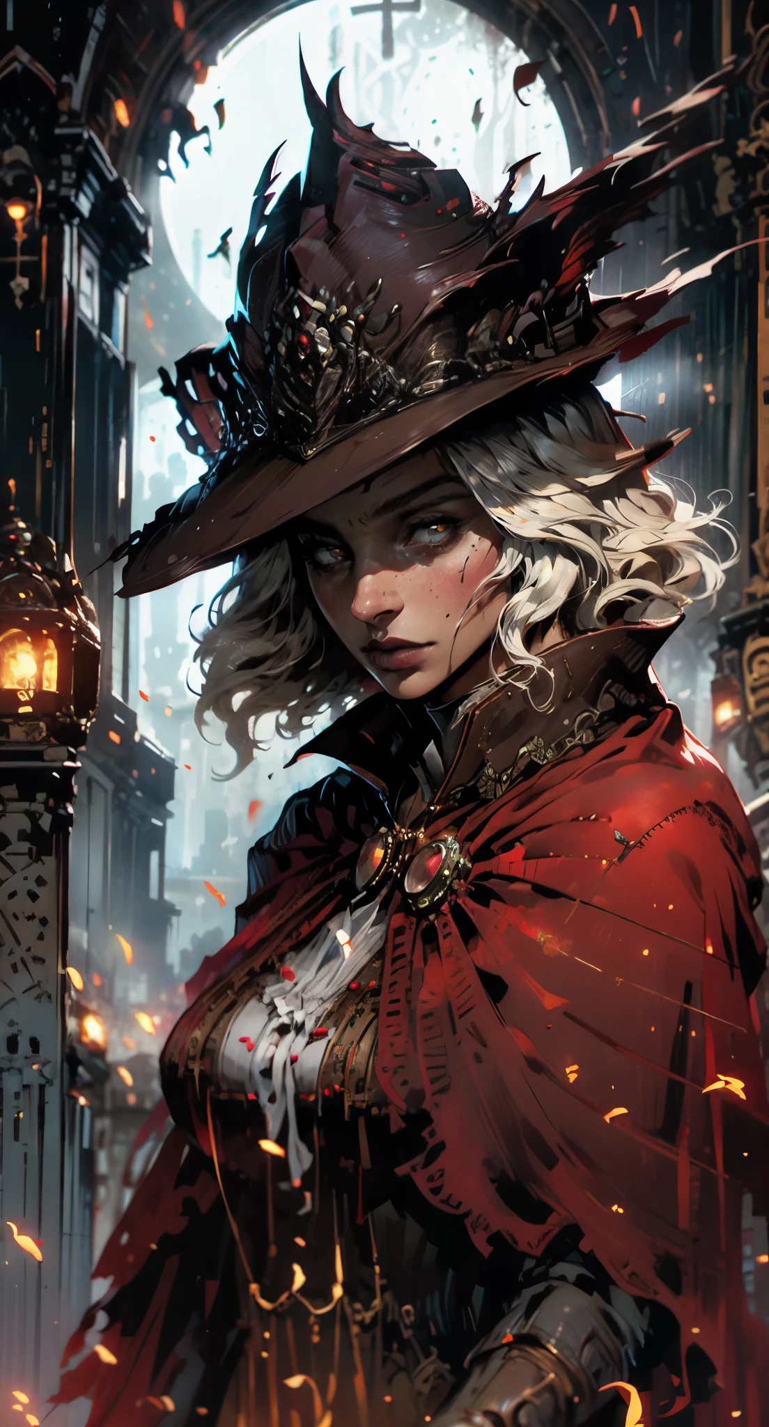 (comic,A high resolution,super-fino),(Vampiros),(((olhos vermelhos brilhantes)))looks into the camera,Maus olhos nas sombras,clear facial features,(cartola),Presas de vampiro expostas,Wear beautiful Gothic dresses,Cabelos prateados,Rosette,skull decoration,Os morcegos,The body is surrounded by red mist,Raios ao luar,Temperamento real,Cinematomatic hoop light,The light is delicate,tmasterpiece,Ultra - Detalhado,Epic composition,super HD,Qulidade Superior,HighestQuali,32k