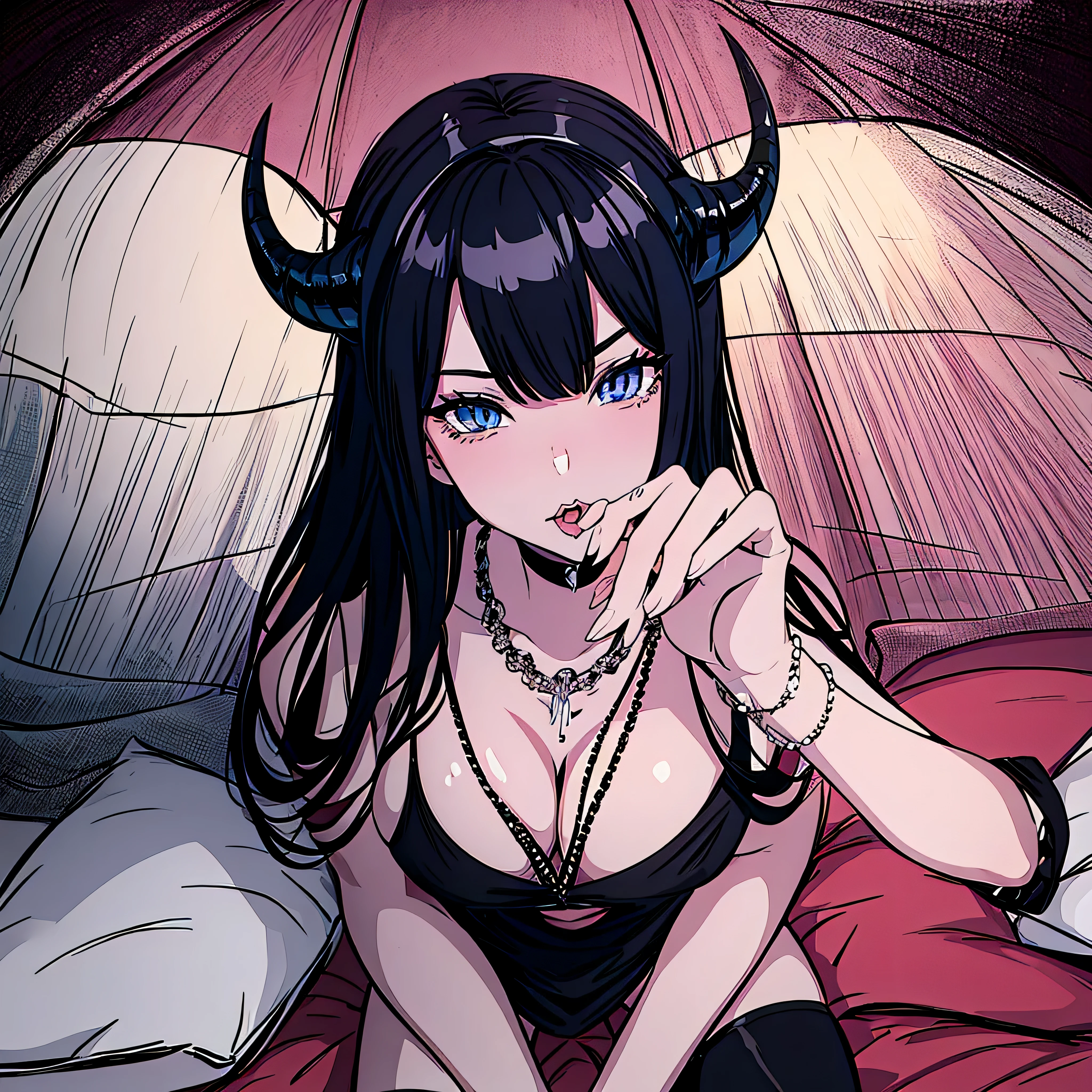 make a portrait of a devil horned Kim kardashian in anime style in black sexy underwear, make her so sexy and give her a position on her knees and she looks in the camera and open the mouth waiting for a cumshot, blue eyes