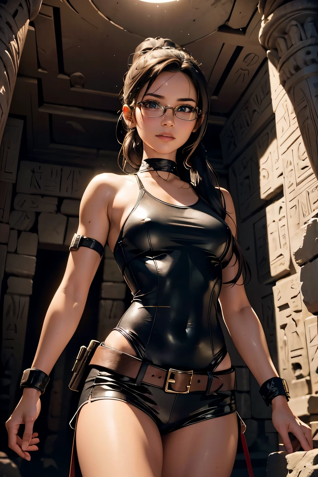 Wide shot, beautiful young explorer, long black hair in a ponytail, bangs, wearing glasses, wearing a Tomb Raider outfit, in an ancient Egyptian tomb.