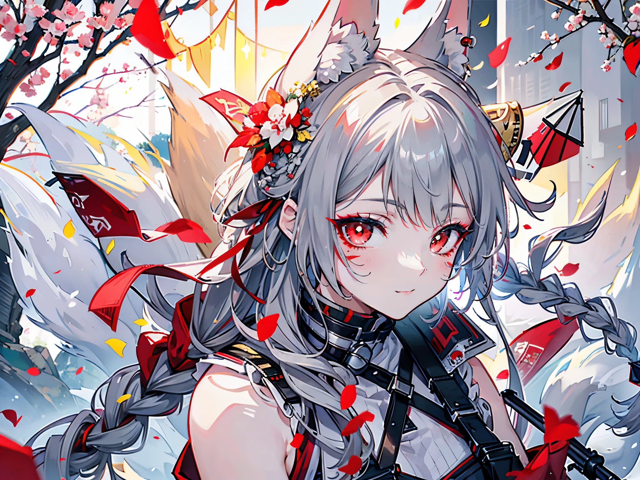 masterpiece, highest quality, (Highly detailed CG Unity 8K wallpaper) (highest quality), (best illustrations), (best shadows) nature&#39, dynamic、Flying flames、In combat、((1 woman))、(((White fox ears)))、(((long braided hair in light gray)))、(red eyes)、(beautiful)、(smooth touch)