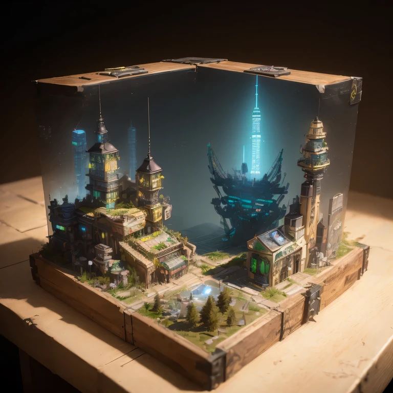 small realistic model, (bifurcation, original photo, best quality, masterpiece:1.4),Steampunk Cyberpunk 1820 City,(Cyberpunk light:1.3), Mards,horizon (related to land),(in a small nature box:1.3),Isometric, small nature, landscape on foundation,landscape,
