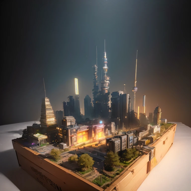 small realistic model, (bifurcation, original photo, best quality, masterpiece:1.4),Steampunk Cyberpunk 1820 City,(Cyberpunk light:1.3), Mards,horizon (related to land),(in a small nature box:1.3),Isometric, small nature, landscape on foundation,landscape,
