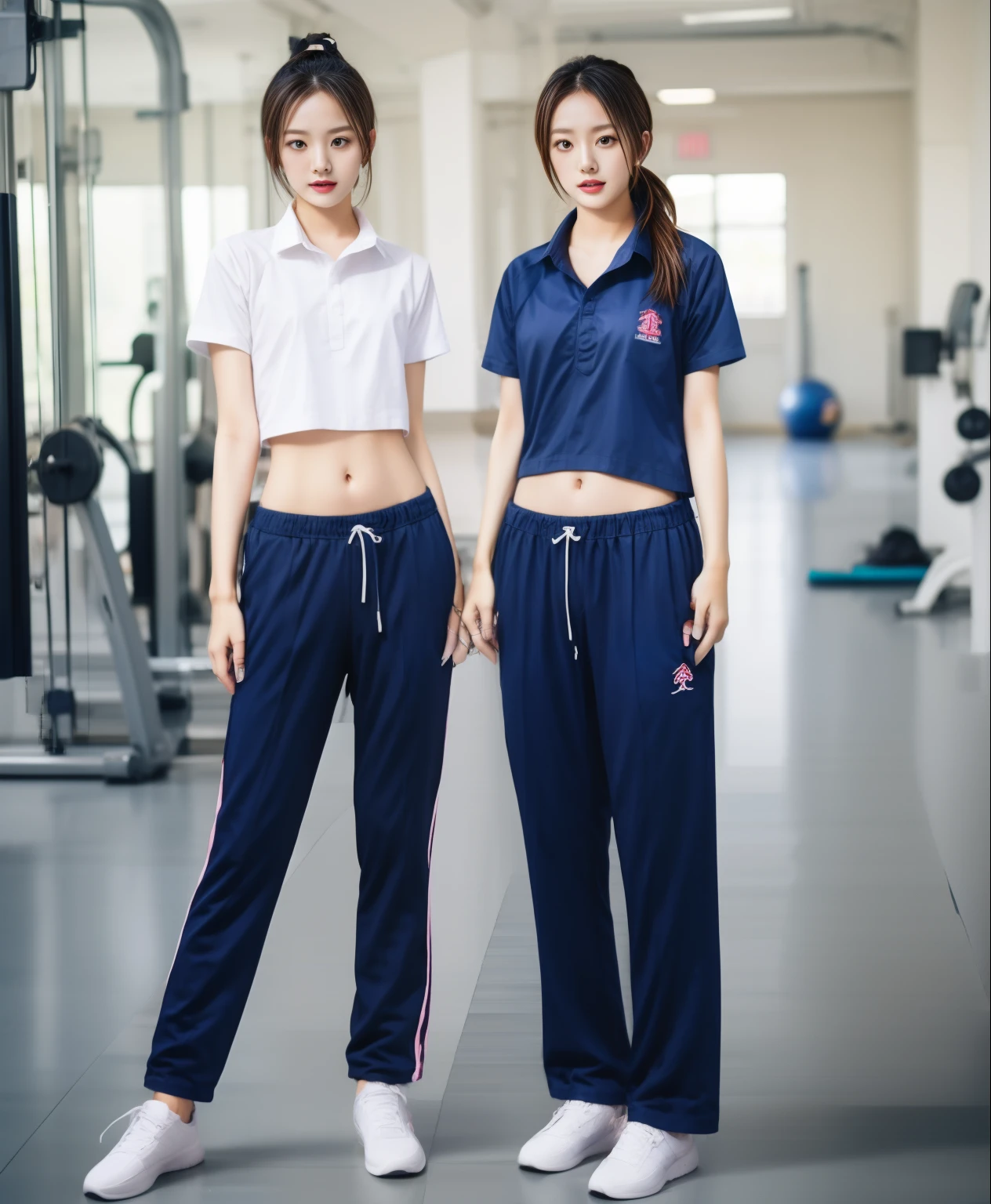 3 girls in fitness center, Navy blue short-sleeved shirt,Navy Long Trackpant,Sweatpants, Sweatpantsขายาว,25 year old girl, lesbian, sexy, exercise clothes, wet body, exercise clothes