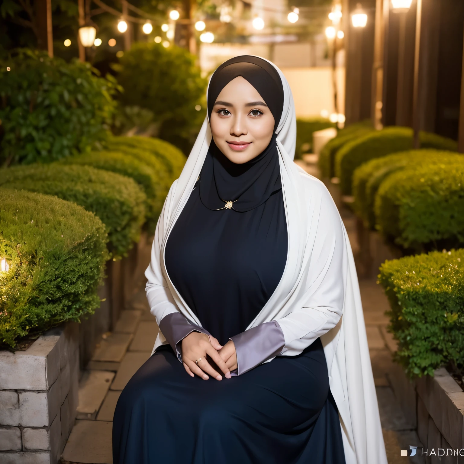 34 Years old, Indonesian MILF, wearing Wide Hijab, perfect curvy body, Full Body, (natural Huge breast : 1.2), gorgeous eyes, Soft smile, ((wear Gamis)),, necklace, hairband, Nightime walk, City garden, Excellent lighting, Dark colors, Clean lines, 64MP, Canon EOS 250D, 300dpi F2.