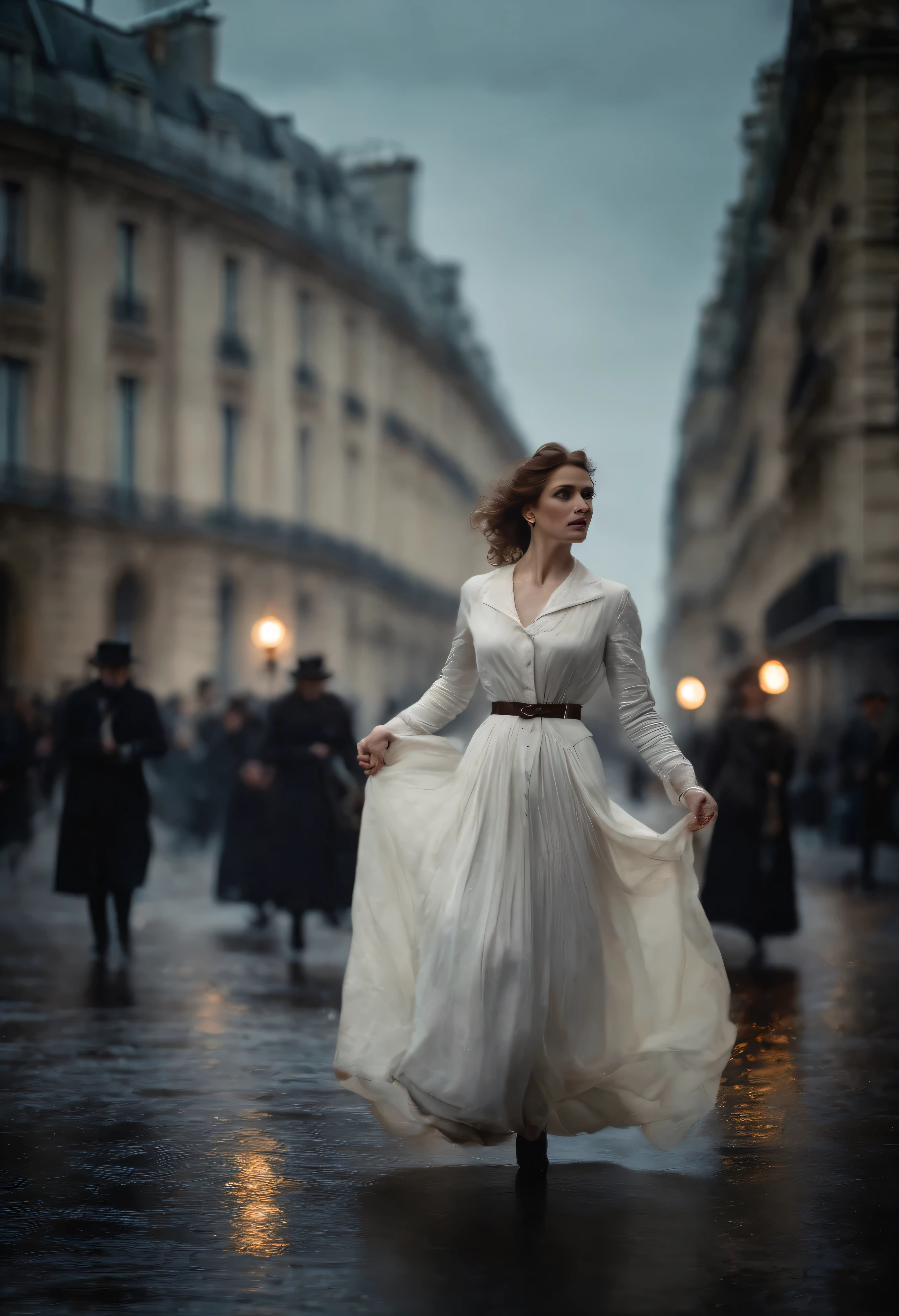 Paris , stormy scene, Edwardian women in white, watercolour
