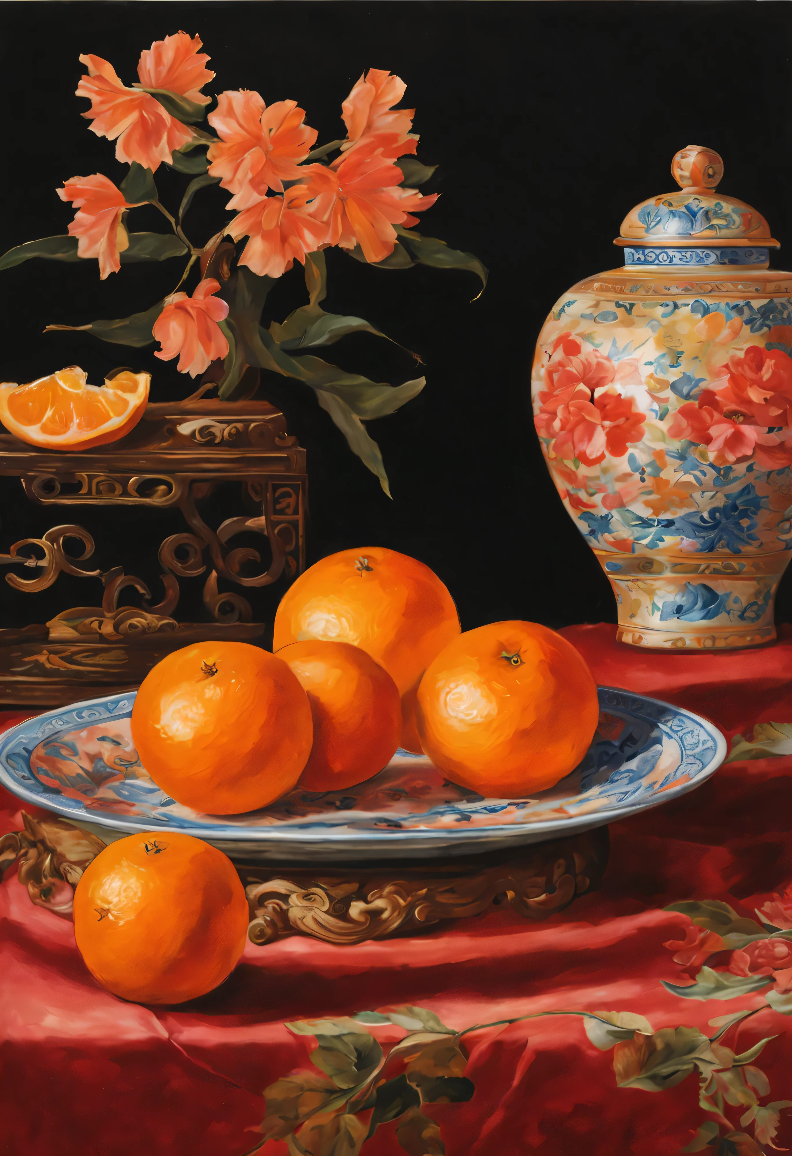 Close-up of a plate of oranges and a red envelope, Sylvia Wishart (Sylvia Wishart) still life painting, Chinese style, , on dark background, golden chinese text, Traditional chinese clothing, red and gold cloth, feng shui, Tradition, Wealthy and auspicious fruits and flowers, bright: