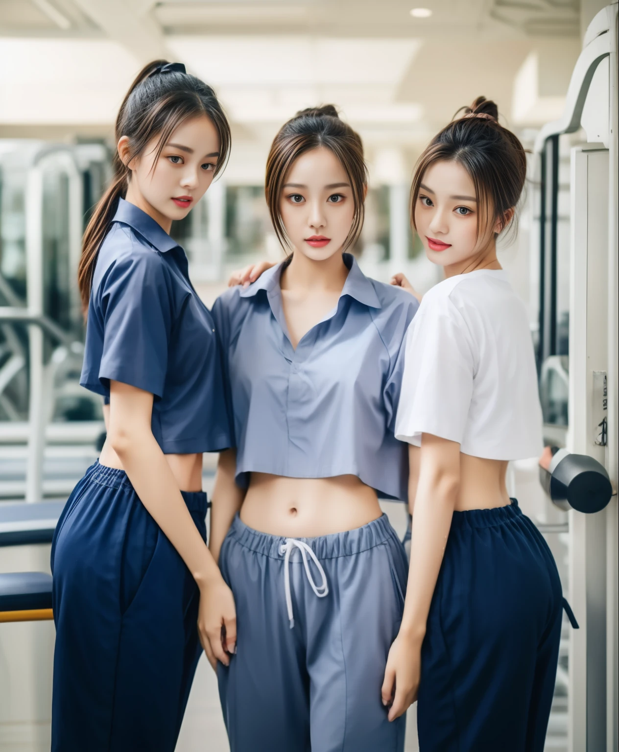 3 girls in fitness center, Navy blue short-sleeved shirt,Navy Long Trackpant,Sweatpants, Sweatpantsขายาว,25 year old girl, lesbian, sexy, exercise clothes, wet body, exercise clothes