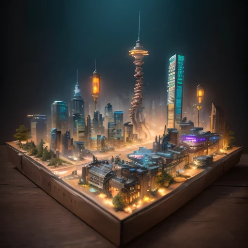 Large realistic model, (split ends, original photo, best quality, masterpiece:1.4),Steampunk Cyberpunk 1820 City,(Cyberpunk light:1.3), Maz,horizon (related to land),(在一个小的nature盒子里:1.3),Isometric, nature, landscape on foundation,landscape,
