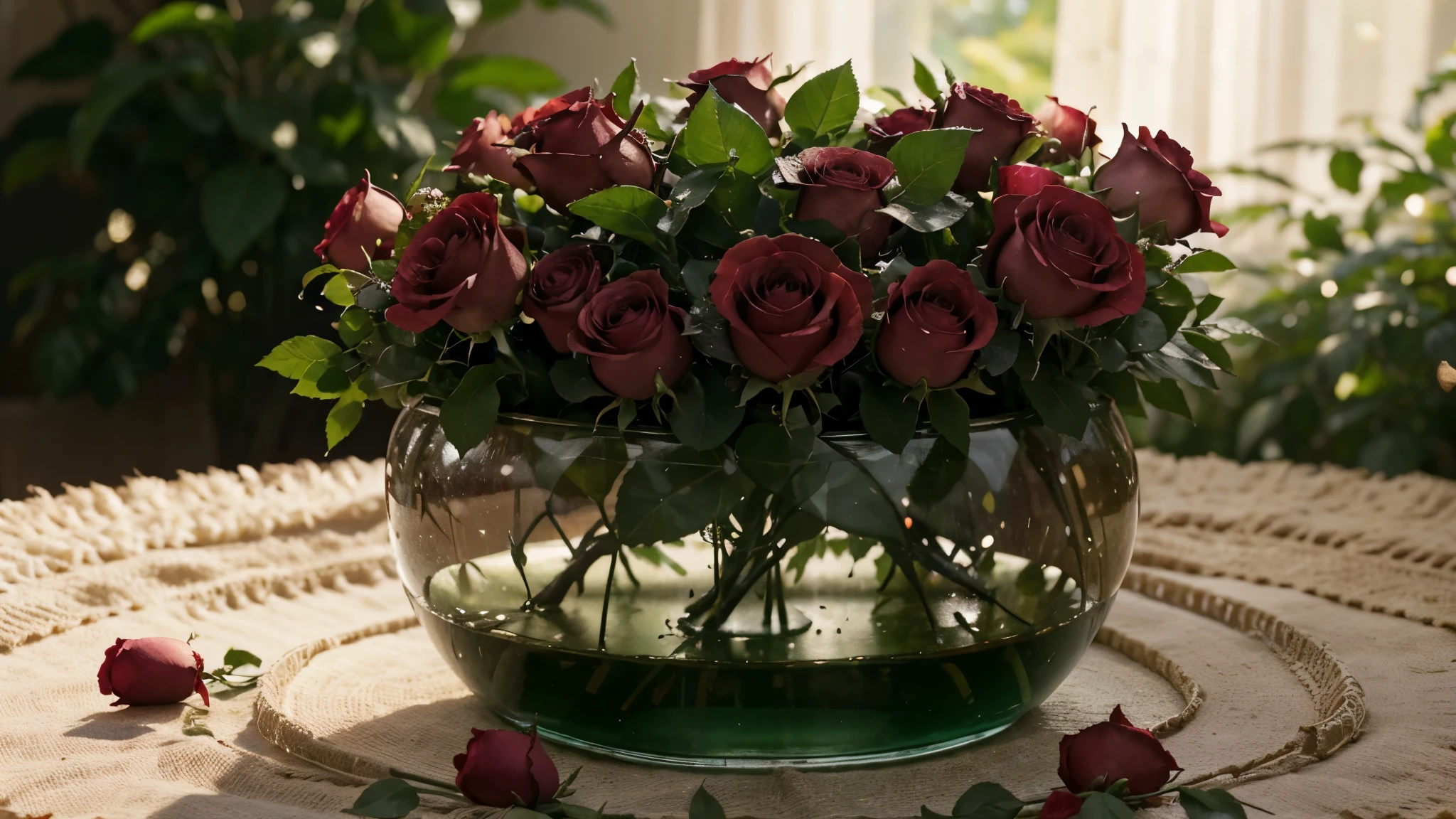 (best quality,4k,8k,highres,masterpiece:1.2),ultra-detailed,(realistic,photorealistic,photo-realistic:1.37),beautiful bouquet of fresh red roses,exquisite petals and thorns,vivid colors,romantic and elegant atmosphere,delicate fragrance,subtle pink undertones,soft natural lighting,blooming in a charming garden,meticulously arranged,translucent dewdrops on the petals,fresh leaves and stems,tightly wrapped with a ribbon,emphasis on the intricate details of each rose,life-like texture,shallow depth of field to highlight the center rose,pure and vibrant red color,shadows and highlights to create a three-dimensional effect,surrounded by lush green foliage,soft natural background,slight bokeh to enhance the dreamy ambiance