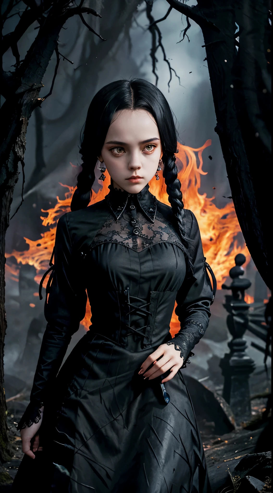 photo, gothic art, abstract:1.5, upper body, 1girl, long hair, gothic dress, colorful:1.5, symmetrical, masterpiece, 8k, very detailed, charming, sensual, mysterious, centered, lace patterns, flames, 8k,