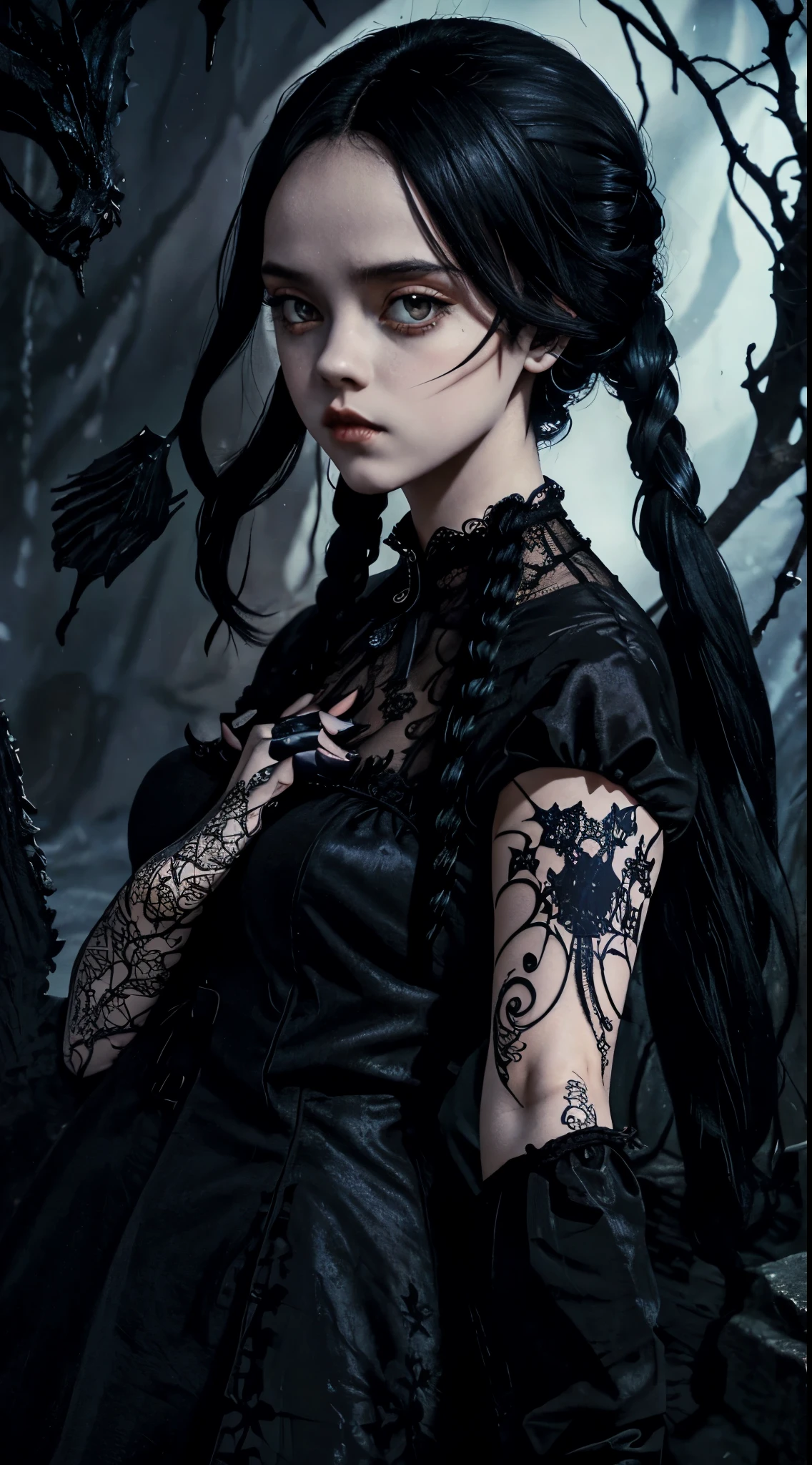 photo, gothic art, abstract:1.5, upper body, 1girl, long hair, gothic dress, colorful:1.5, symmetrical, masterpiece, 8k, very detailed, charming, sensual, mysterious, centered, lace patterns, flames, 8k,