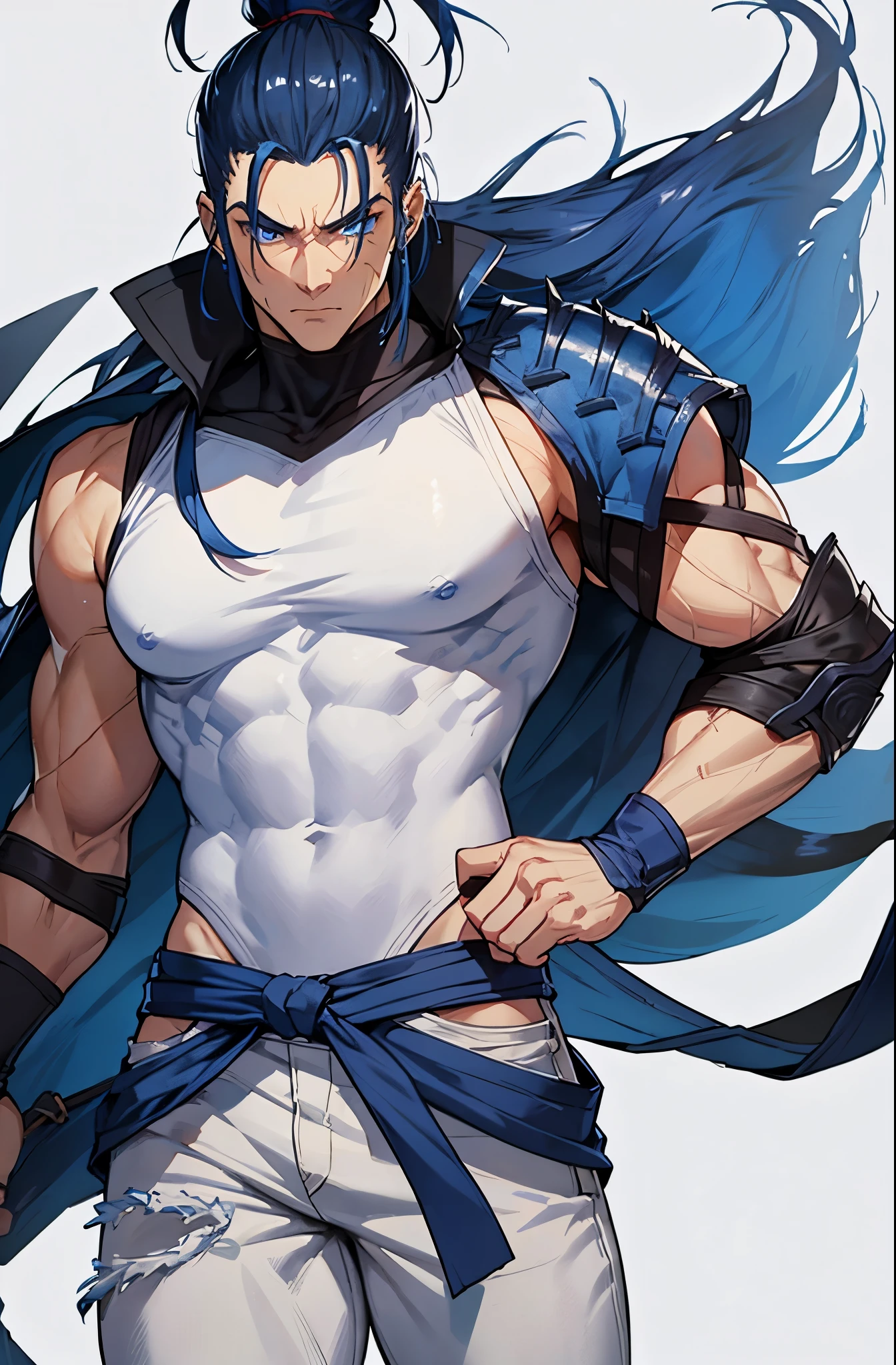 Tall, lean with muscle, male, tannish, deep blue hair with manbun, deep blue eyes, scar on cheek, loose white sleeveless collard shirt (based on Fujin from mortal Kombat 11), baggy white jeans, white high tops