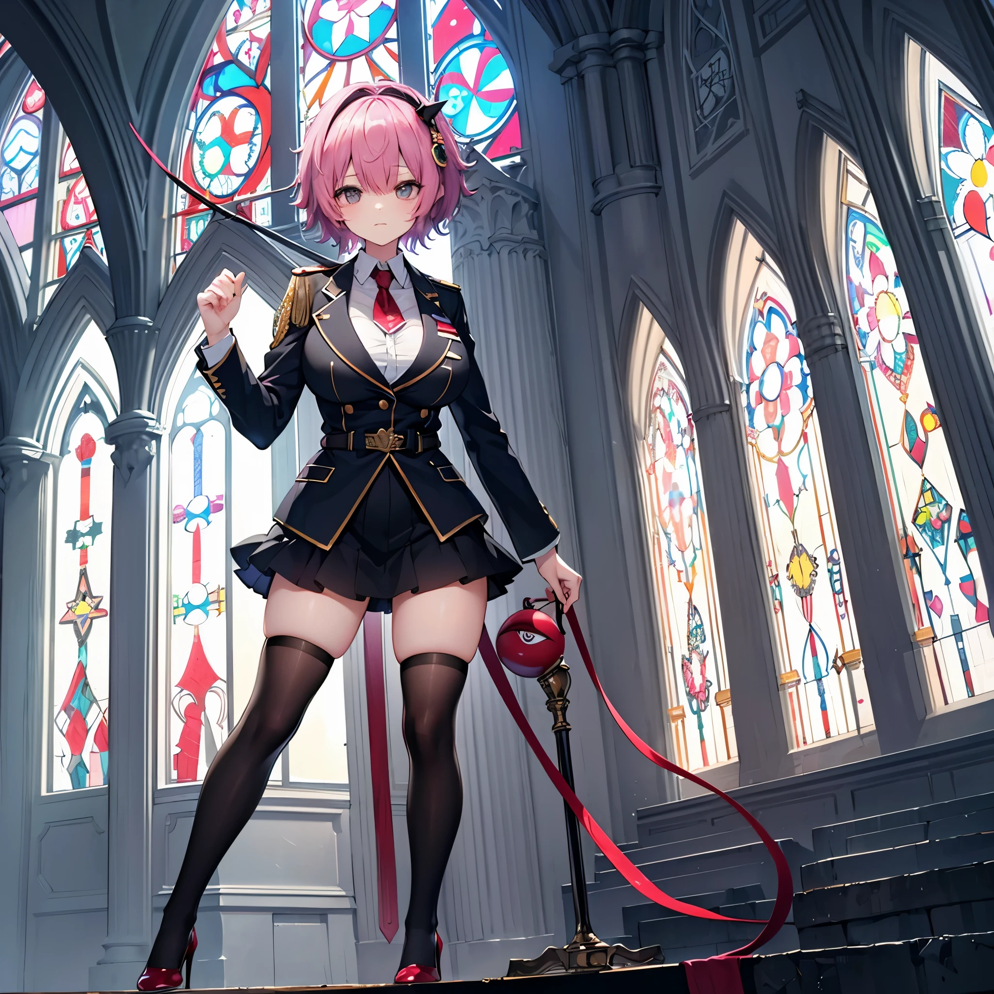 Satori toho character, (solo), standing, stained glass, BREAK, short hair, huge breasts, (inconceivably thin waist), very long legs, BREAK, (black blazer), (black thighhighs), black miniskirt, highheels, military medal of honor