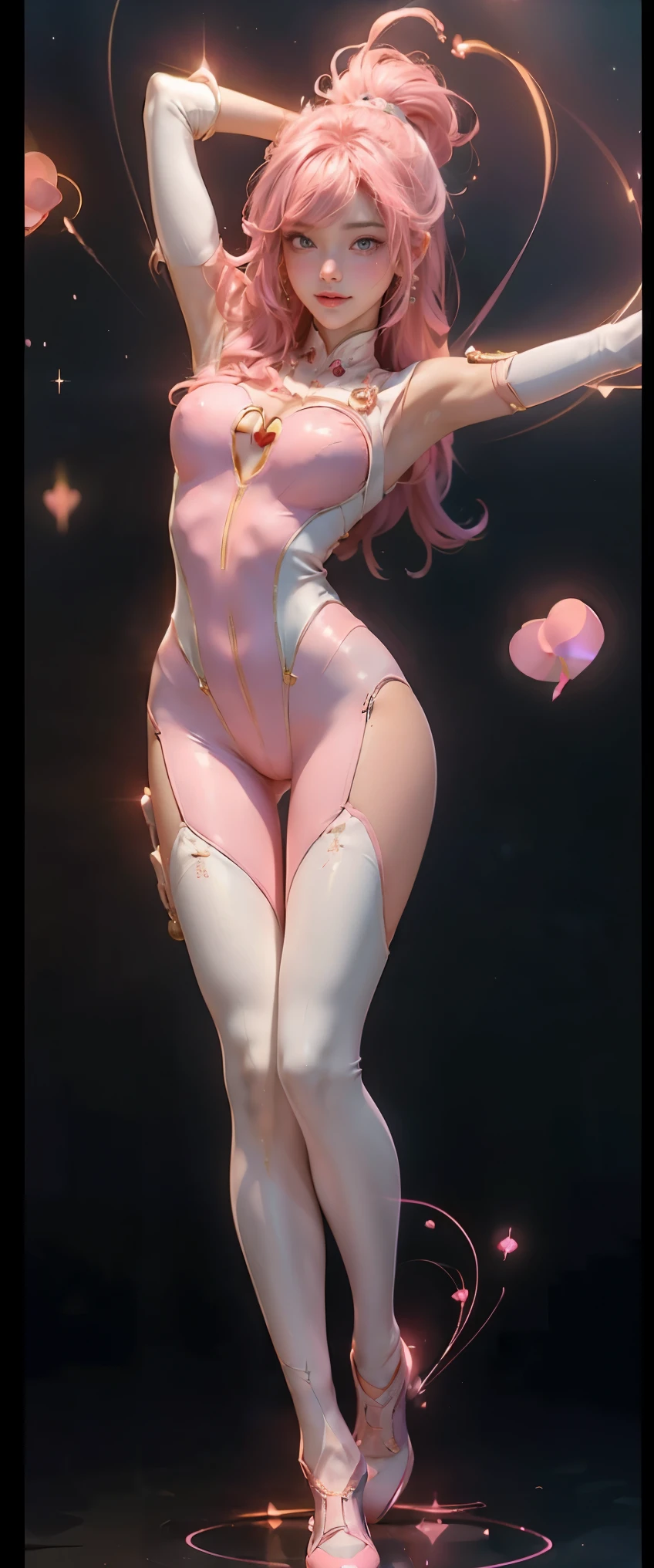 masterpiece、detailed、16K、shiny skin、1girl、(magical girl flying in the night sky)、(白いfull body suitを着ている:1.5)、Are standing、big breasts、big ass、(focus on chest)、pink long blonde、ponytail、green eyes、(非常にdetailedな目と顔)、Accurately drawn face、(複雑なピンクと白のfull body suit、Golden hairpin、vivid contrasting colors、intricately designed details:1.2)、(best ratio　1 thumb、Refers to 4 books:1.3)、(heart shaped pink effect:1.5)、(dynamic pose)、(Ghost Smile)、(open your arms:1.5)、(Sparks dance in the night sky:1.3)、(view from below)、A woman wearing a white and pink suit taking a photo, full body suit, タイトなfull body suit, white body, Full body close-up shot, fitted suit, in a latex suit, laserpunk full body suit, Lacus Clyne, streamlined pink armor