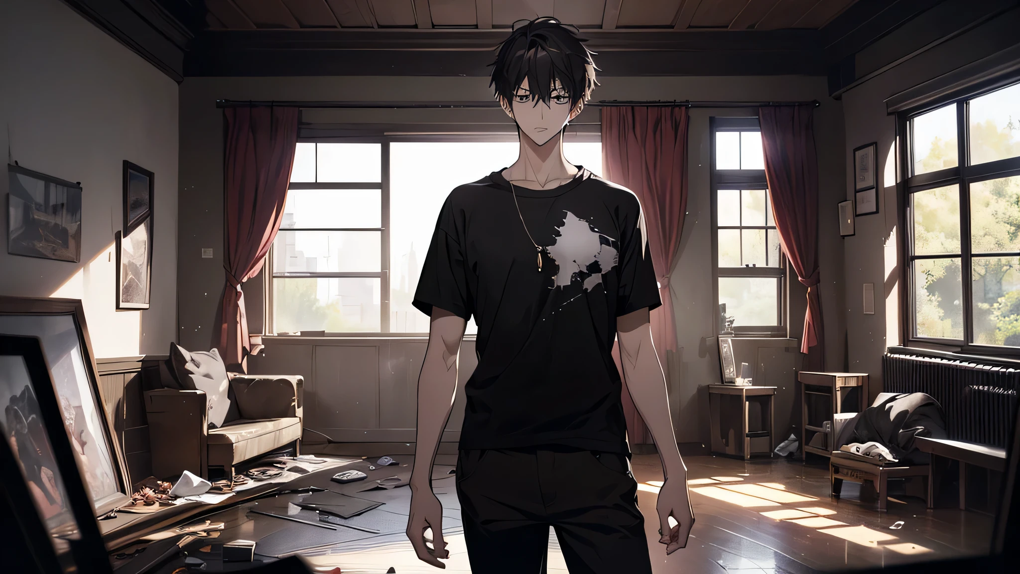 Absurd resolution, High resolution, (masutepiece: 1.4), Hyper-detailing, Messy short black hair of a young man, Black casual clothes, Spooky room, stood in a room, a 21 years old handsome guy，White T-shirt，black long pants，A gentle face，A dark-haired