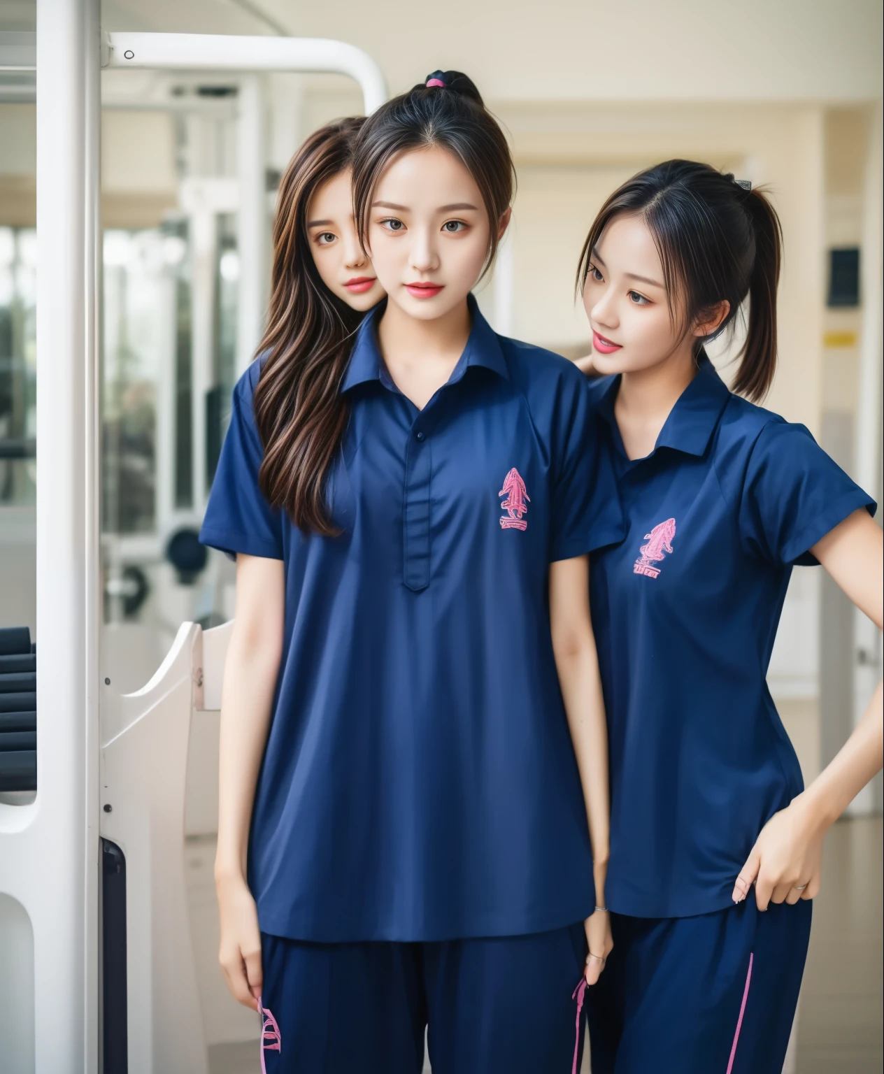 3 girls in fitness center, Navy blue short-sleeved shirt,Navy Long Trackpant,Sweatpants, Sweatpantsขายาว,25 year old girl, lesbian, sexy, exercise clothes, wet body, exercise clothes