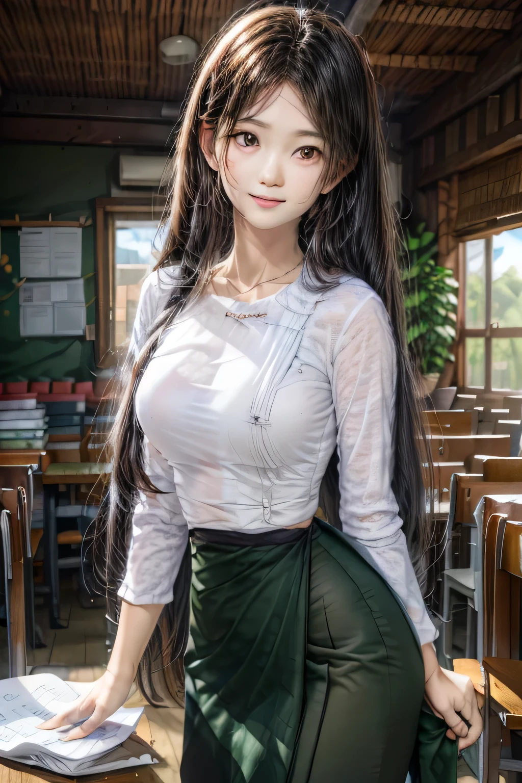 masterpiece, best quality, ultra detailed, photo realistic, high resolution, best illustration, 1girl, golden hair, hands behind the body, juicy eyes, school background