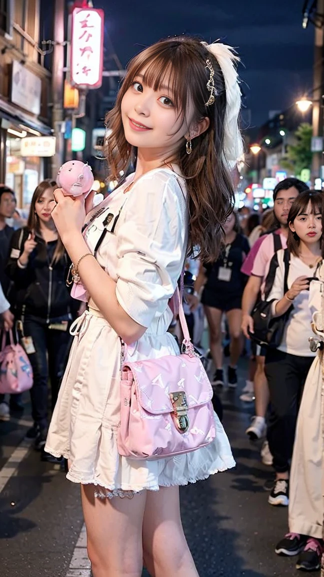（Highest image quality、highest quality、highest resolution、masterpiece、detailed、real photos）、blonde、looking at the camera、beautiful and cute smile、((full body shot))、((Low - Angle))、earrings、necklace、ring、Piercing in the navel、(Quite small)、(Quite lean body)、Kyary Pamyu Pamyu costume、that girl&#39;s face、((pink bag with stuffed animal:1.2))、((The location is downtown at night、in the crowd:1.3))