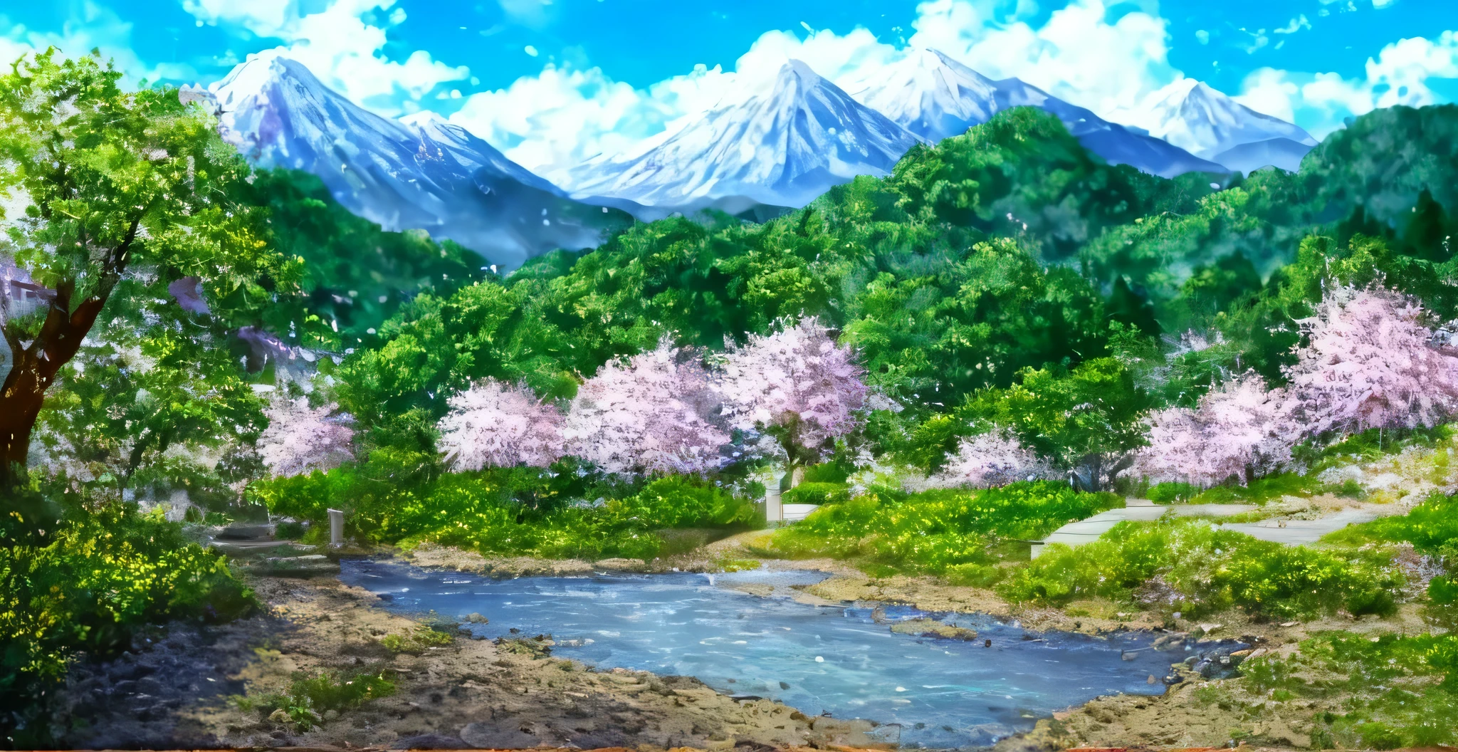 A painting depicting a mountain landscape with a bench and a stream, beautiful anime scenery, Beautiful peace scenes in anime, beautiful anime scene, anime scenery, anime countryside landscape, anime scenery, anime background art, anime background, nature of anime, landscape artwork, More on landscape art, anime scenery concept art, colorful anime movie background, Drawn at Anime Painter Studio, inspired by Matsumura Goshun
