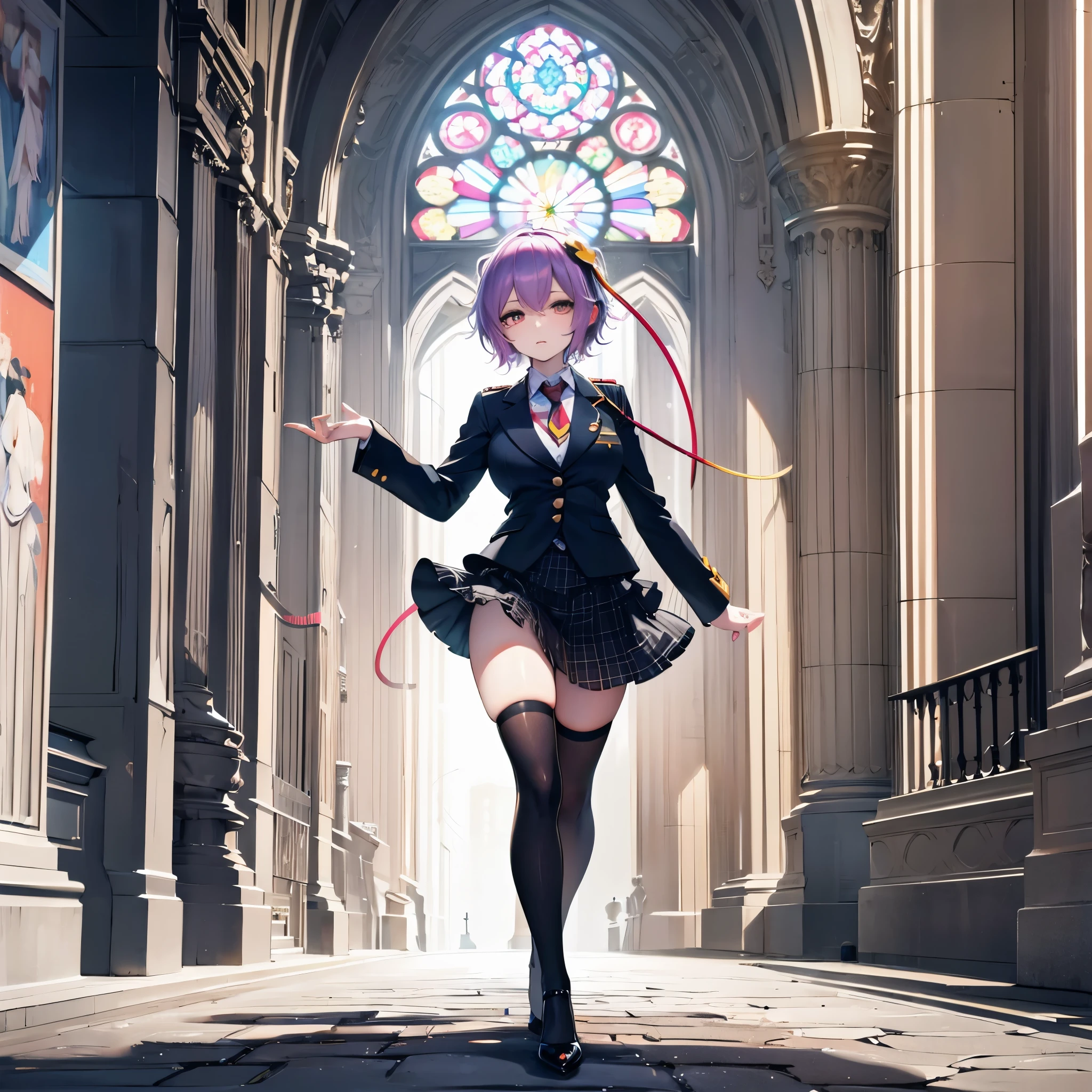 Satori toho character, (solo), standing, stained glass, BREAK, short hair, huge breasts, (inconceivably thin waist), very long legs, BREAK, (black blazer), (black thighhighs), black miniskirt, highheels, military medal of honor