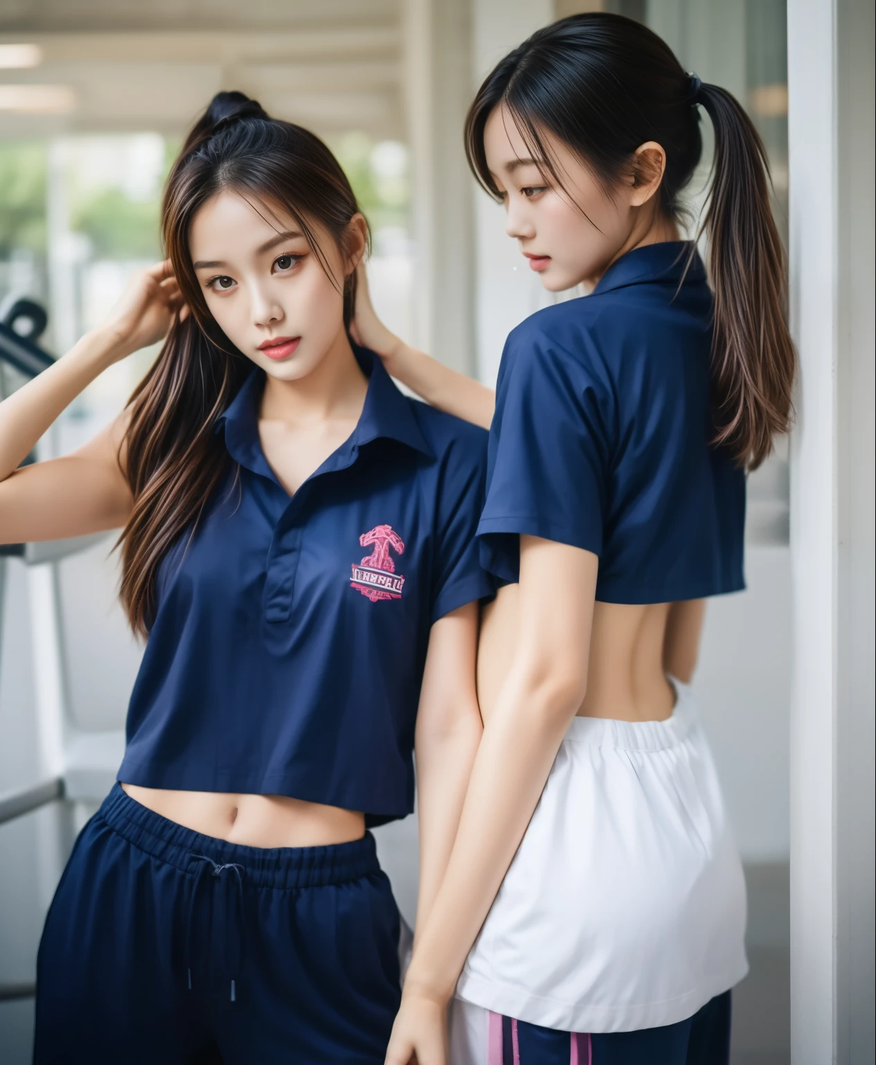 3 girls in fitness center, Navy blue short-sleeved shirt,Navy Long Trackpant,Sweatpants, Sweatpantsขายาว,25 year old girl, lesbian, sexy, exercise clothes, wet body, exercise clothes