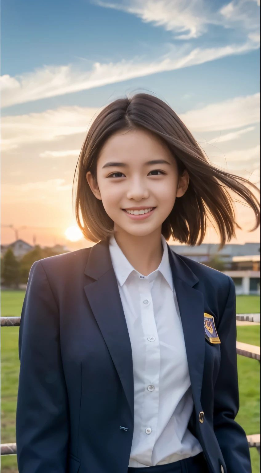 (highest quality,8K quality,masterpiece:1.3),(Super high resolution,Photoreal:1.4,Raw photo),(super detailed,caustics,detailed background),(ultra-realistic capture,Beautifully detailed skin,perfect anatomy),at dusk,sunset sky,school building,schoolyard,18-year-old,cute,single eyelid,black short bob,School Blazer Uniform,look at the camera,laughter,bust up shot,natural soft light