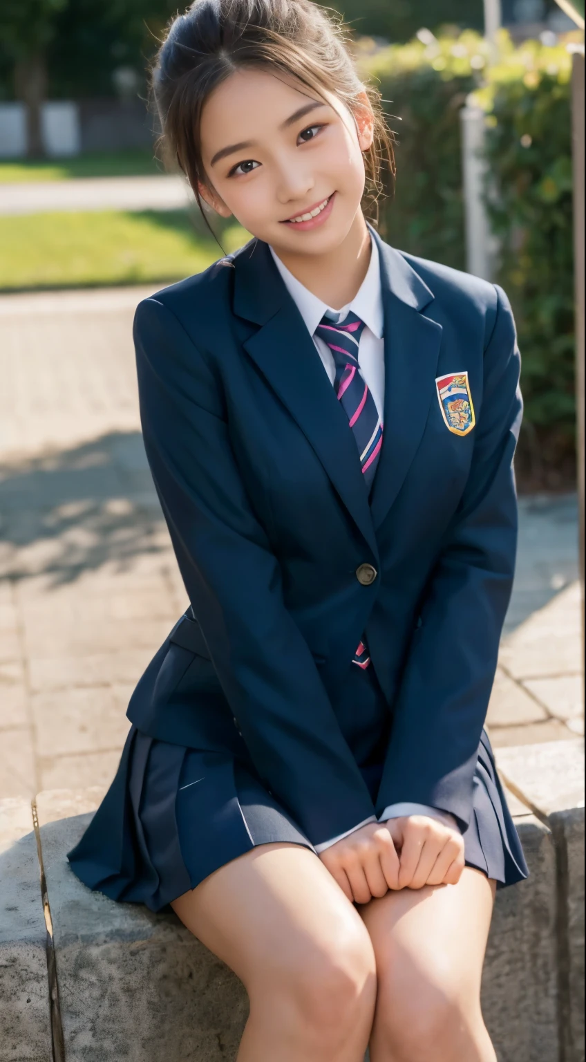 (highest quality,8K quality,masterpiece:1.3),(Super high resolution,Photoreal:1.4,Raw photo),(super detailed,caustics,detailed background),(ultra-realistic capture,Beautifully detailed skin,perfect anatomy),at dusk,sunset sky,school building,schoolyard,18-year-old,cute,single eyelid,black short bob,School Blazer Uniform,look at the camera,laughter,bust up shot,natural soft light