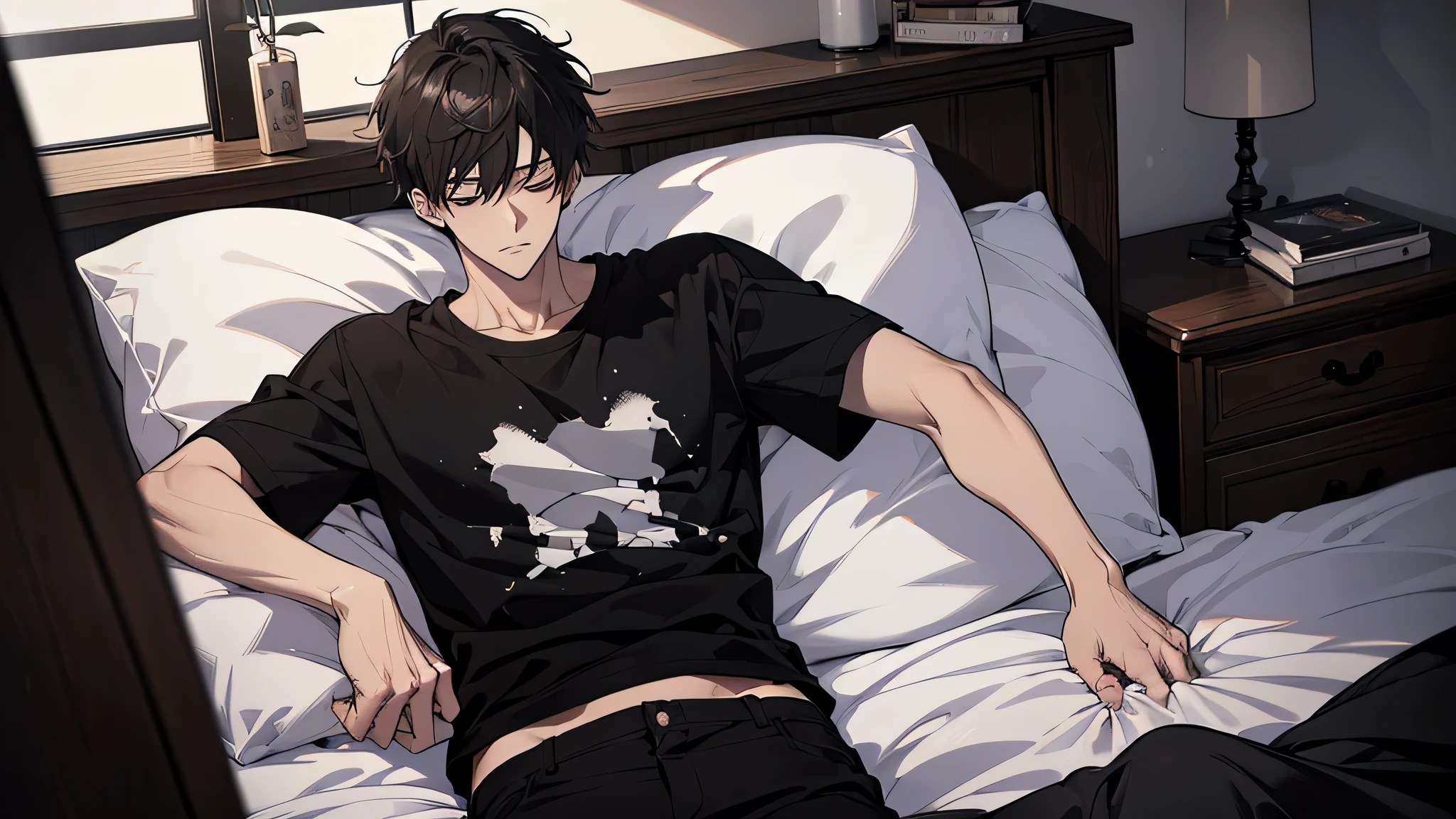 Absurd resolution, High resolution, (masutepiece: 1.4), Hyper-detailing, Messy short black hair of a young man, Black casual clothes, Spooky room, sleeping in a bed, a 21 years old handsome guy,White T-shirt,black long pants,A gentle face,A dark-haired