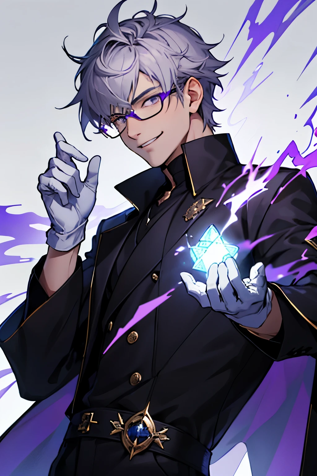 Beautiful young man with gray hair and glasses。Eyes are red。Black coat with classic design decorations、white gloves。Grinning, he holds out his right hand and manipulates purple lightning magic.。The background is a purple magic square。